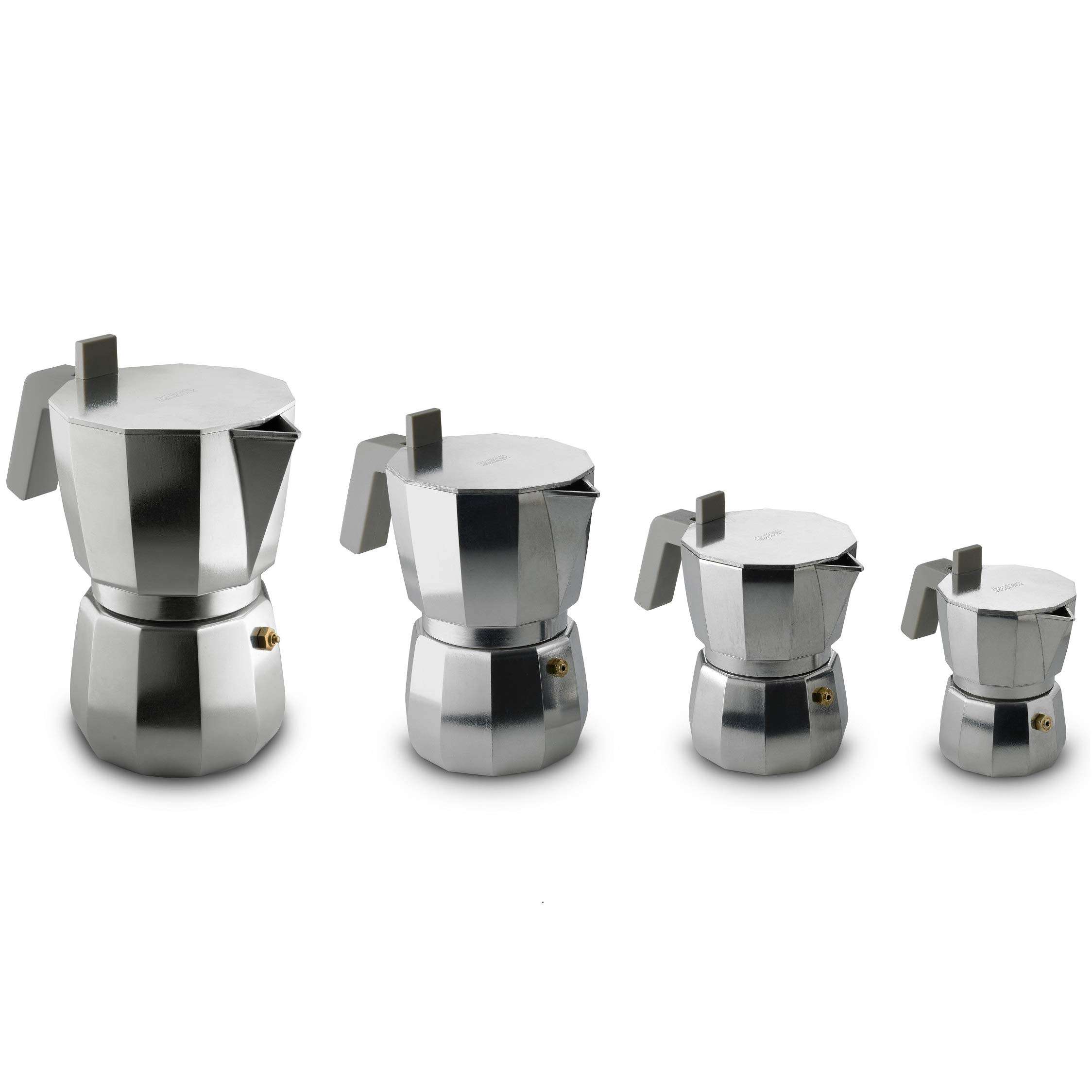 Moka, Espresso coffee maker in aluminium casting. Handle and knob in PA, grey. Magnetic steel bottom suitable for induction cooking. Filter for American coffee included. 9 cups. 3