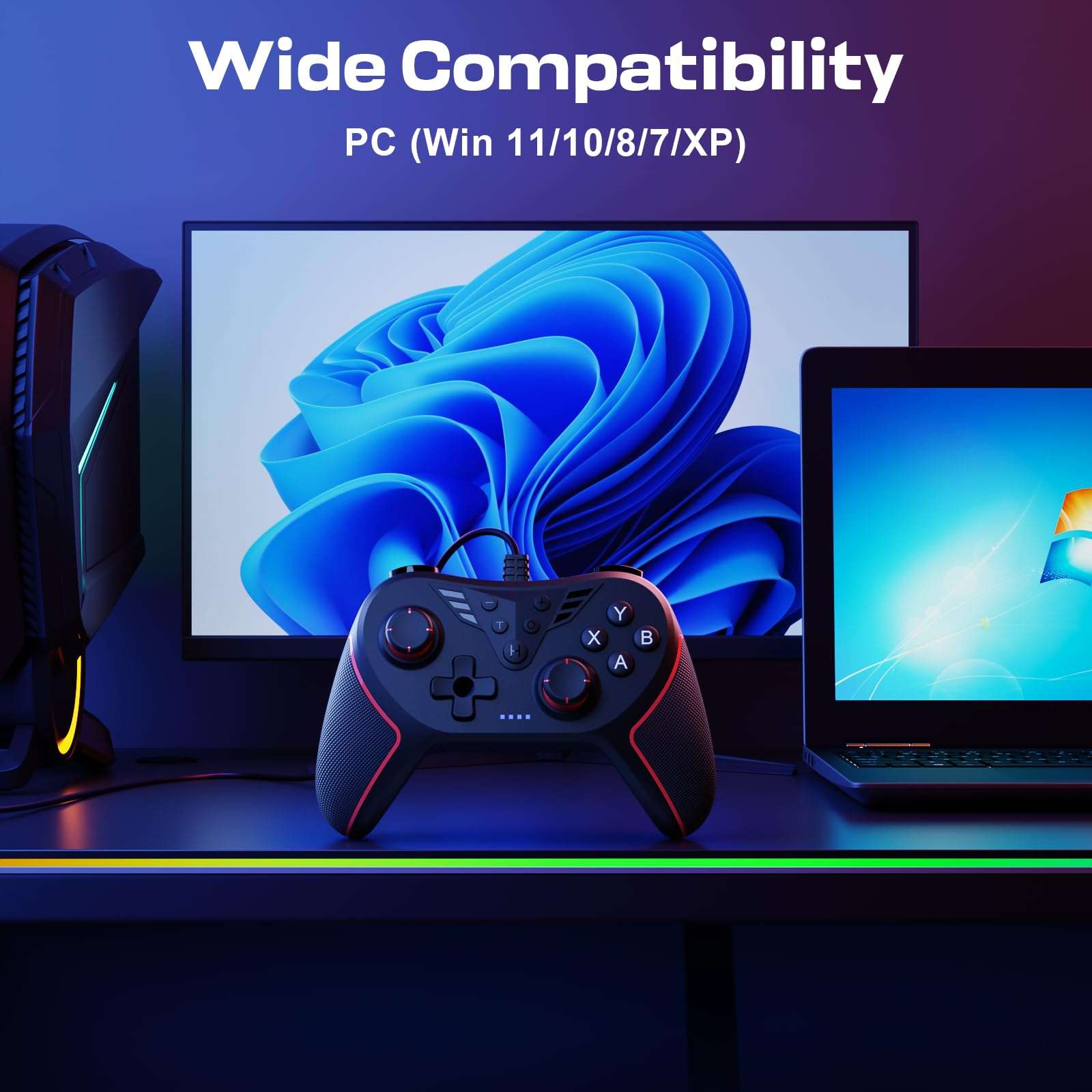 RivalPlay PC Controller with 2-Button Mapping, Wired Controller Compatible for Win(7/8/10/11) Joystick with Adjustable Vibration and 3 Turbo Speeds Plug-and-Play Black 3