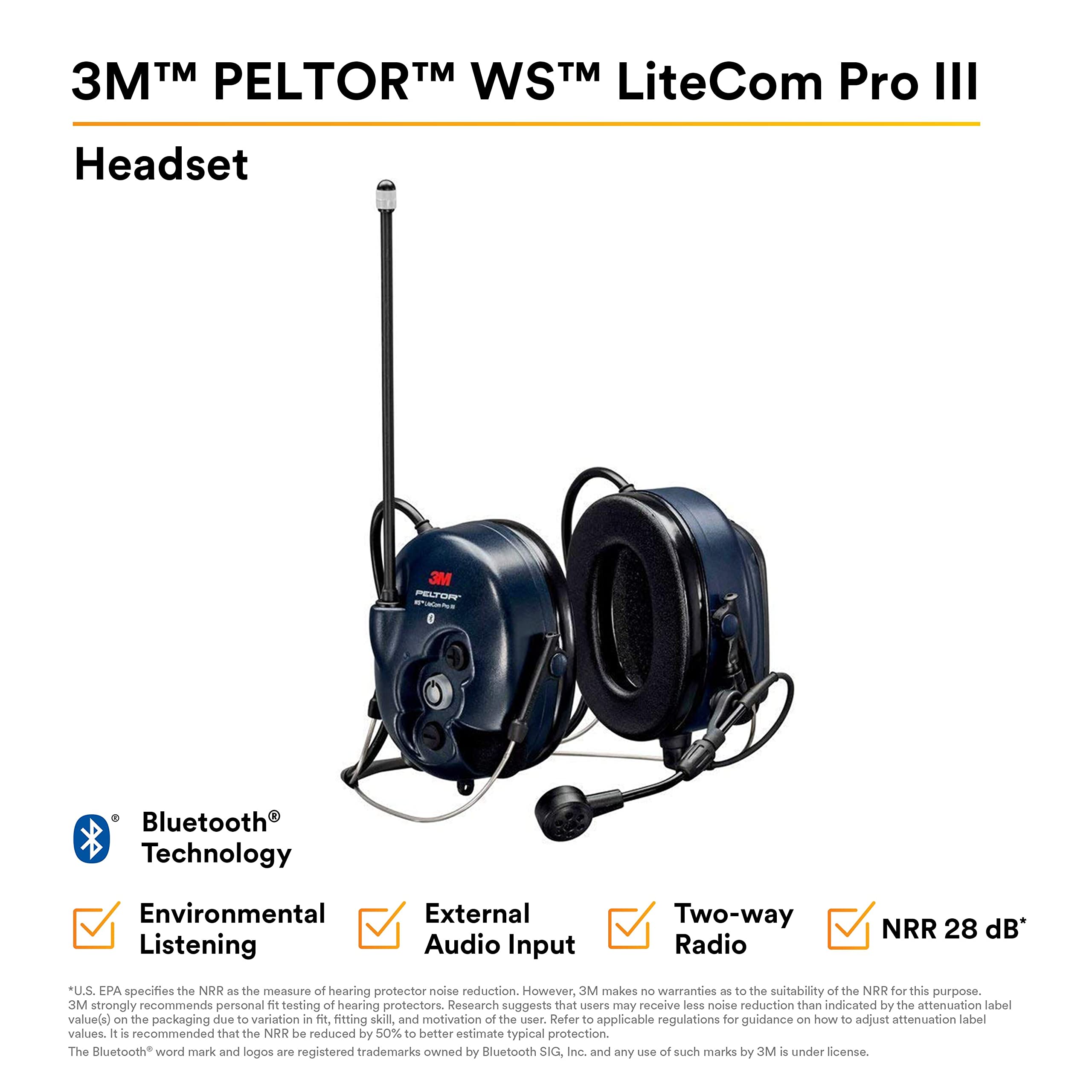 3M PELTOR WS LiteCom PRO III Headset, Neckband, Professional Grade Durability, Wireless Two-Way Communication Radio, Bluetooth, Boom Microphone, Navy Blue, MT73H7B4D10NA 2