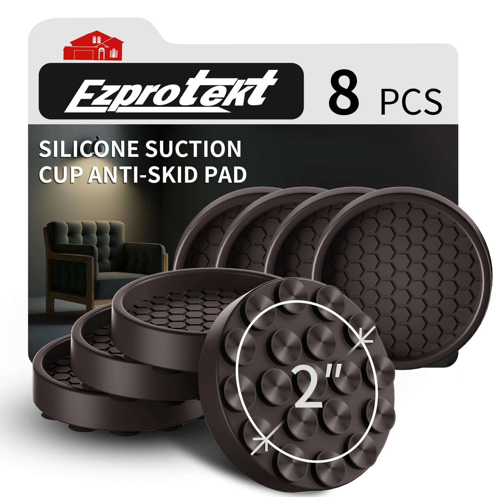 2 Inch Non Slip Furniture Coasters, 8 PCS Round Rubber Furniture Caster Cups, Anti-Sliding Furniture Pads for Hardwoods Floors Bed Stopper Protectors (Dark Brown) 1