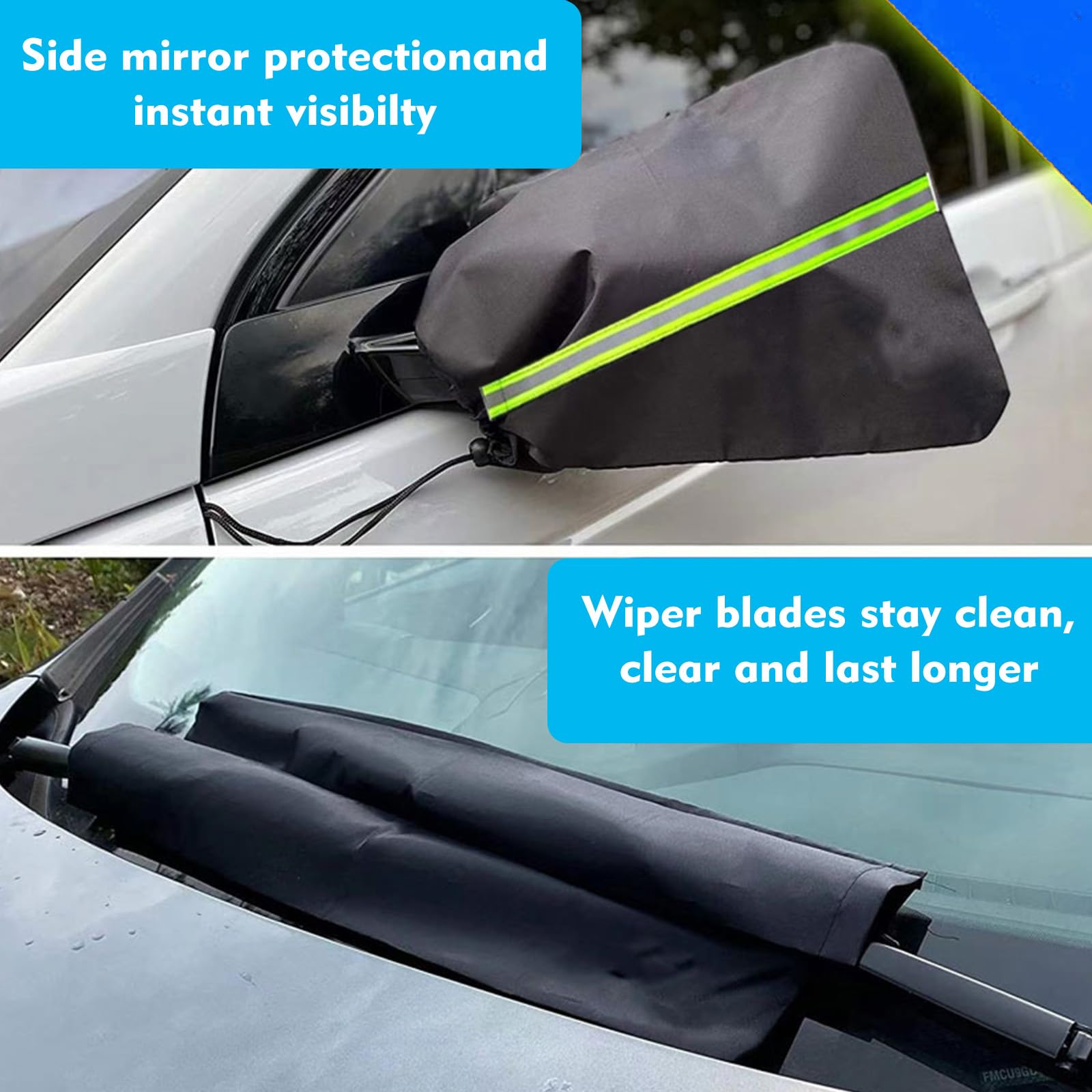 getfay 5 PCS Car Protective Cover, 12" x 16" Side Mirror Cover + 26" x 4" Front Wiper Cover + 17" x 4" Rear Wiper Cover, Waterproof and Snowproof Cover, Universal for Small Cars (Black) 6