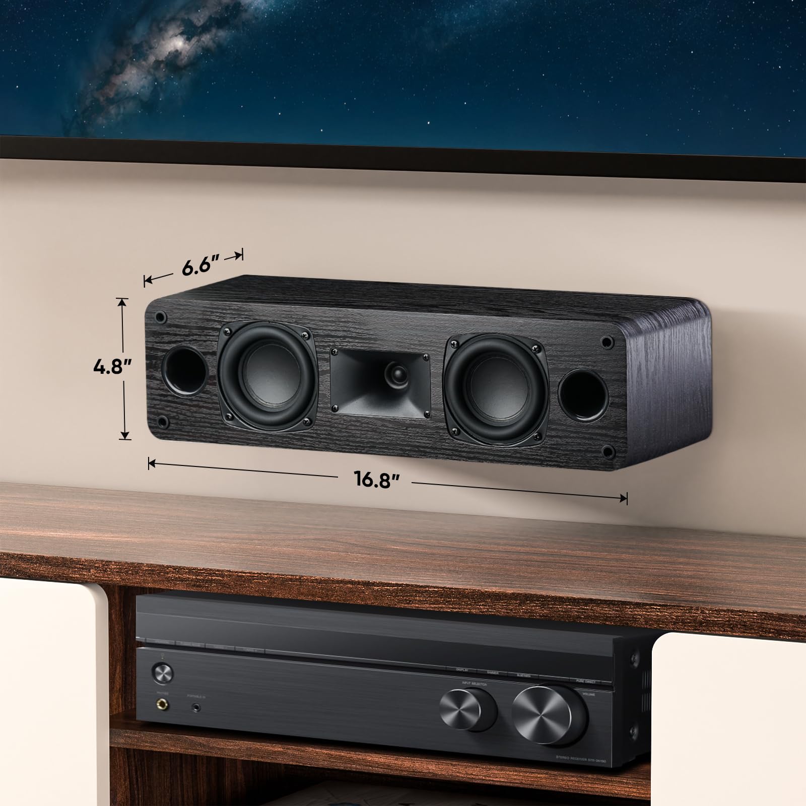 Saiyin Slim Center Channel Speaker,for Desktop Stereo or Home Theater Surround Sound, Dual 3.5" Woofer,Requires a Separate Amplifier or Receiver, Wall Mountable, Single,17 Inch 4