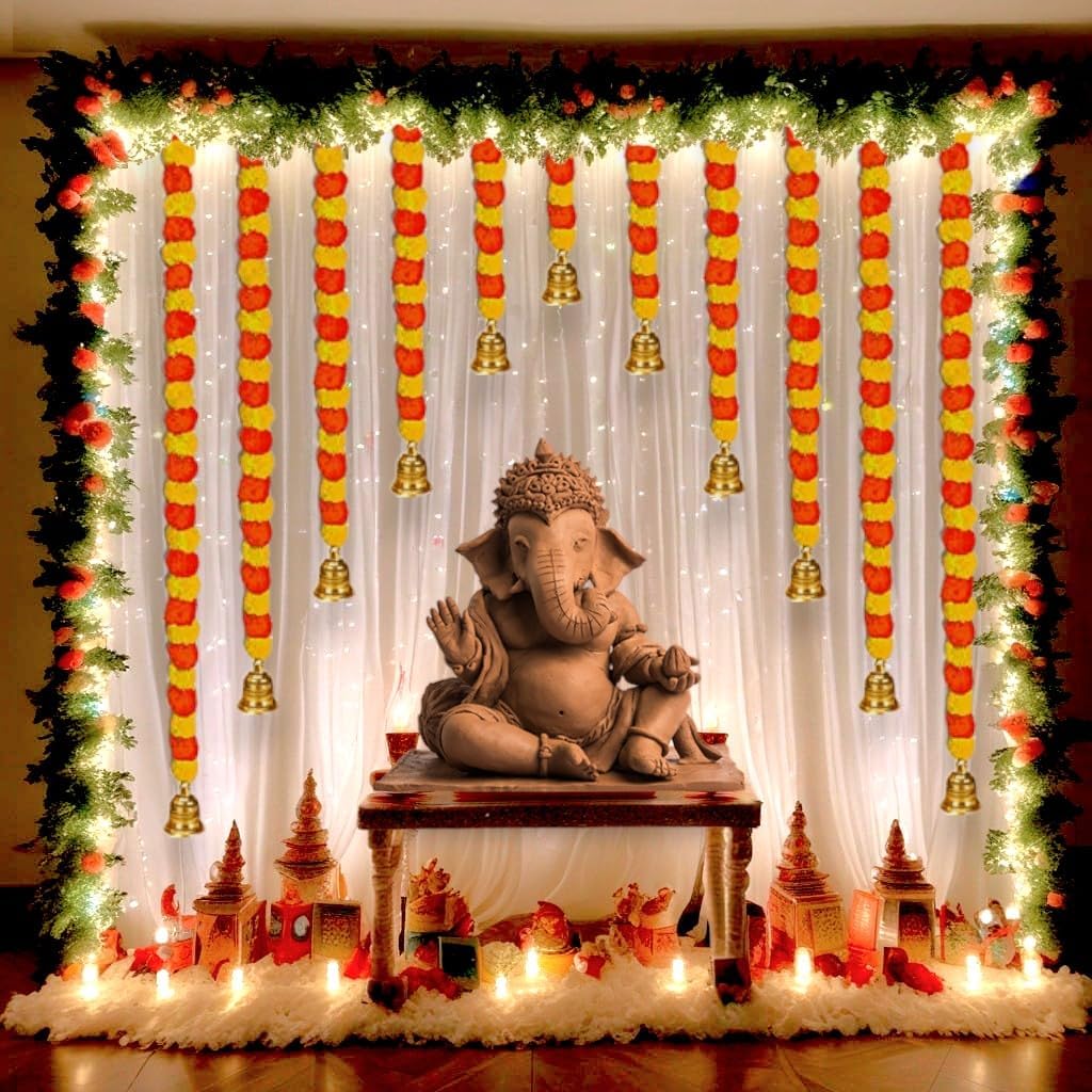 Abhaas Ganesh Chaturthi Decoration Set for Home Decor with LED Lights, Marigold Garlands with Bells, Backdrop Net Curtain with Ribbon, Hooks | for Ganpati, Diwali (Mix, 10 Marigold+Bells)