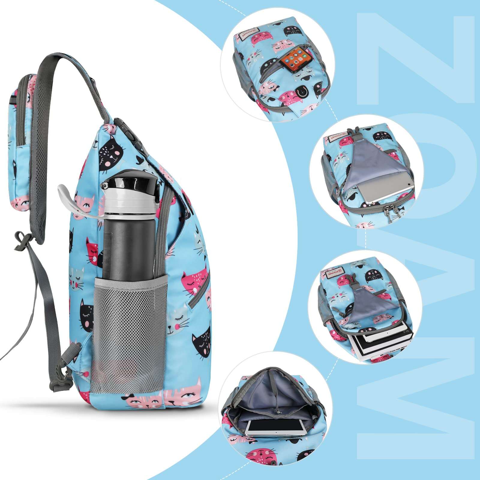 ZOMAKE Sling Bag for Women Men, Small Crossbody Sling Backpack, Mini Water Resistant Shoulder Daypack for Travel, Anti Thief Chest Bag for Hiking, Sports(Cat's Head Light Blue) 4