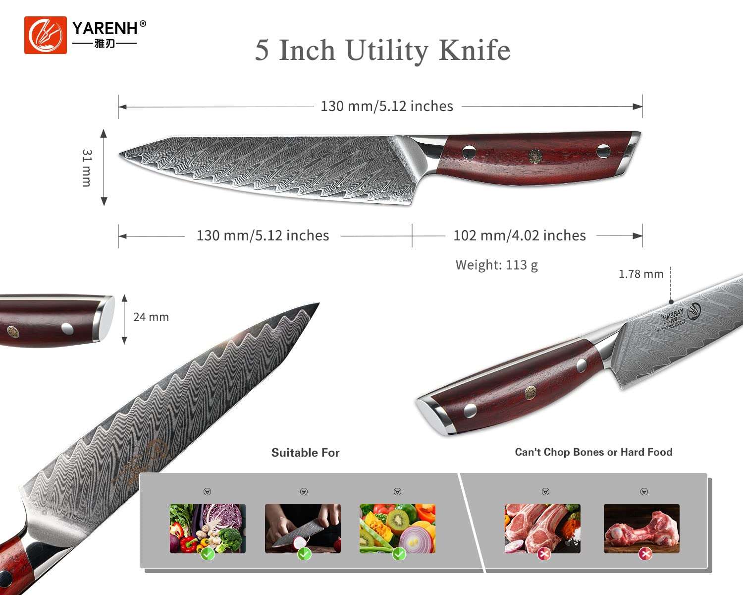 YARENH Kitchen Utility Knife - Paring Knife - 5 Inch Damascus 67 layers of high carbon steel - Rust Resistant & Razor Sharp - for Professional Chef 4