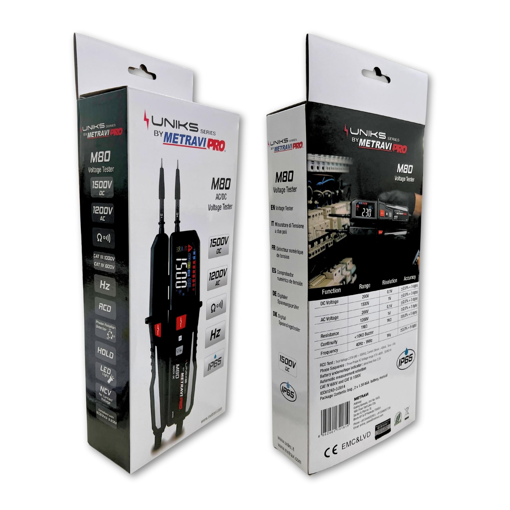 Metravi Pro Uniks M80 Two Pole Voltage Detector for up to 1500V DC, CAT III 1000V, CAT IV 600V, Made in Europe, Ideal for Solar 6