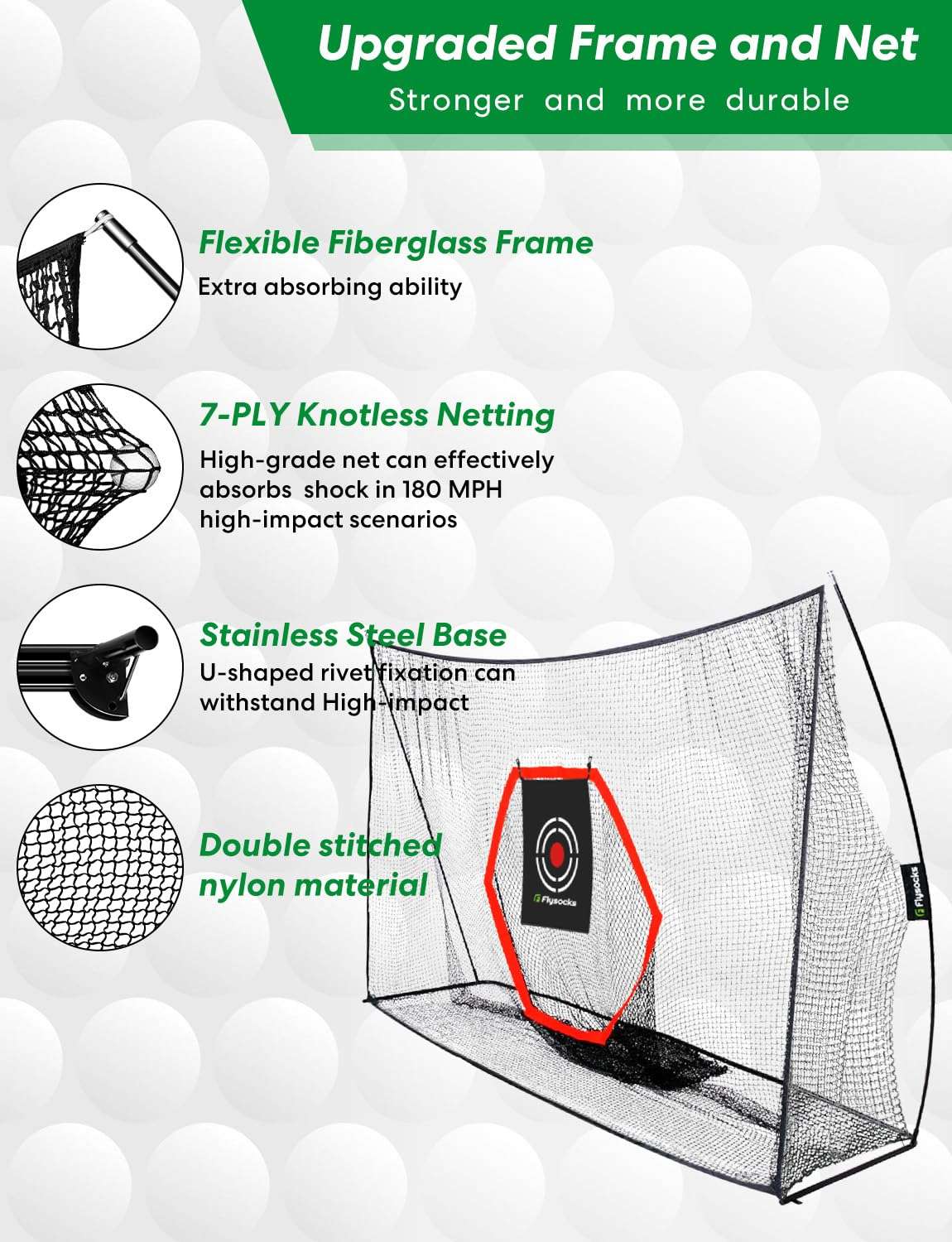 Flysocks 10x7 ft Golf Practice Hitting Net, Golf Nets with Mat, Center Target, 8 Golf Balls, 9 Tees, 2 Marking Pens, for Backyard Driving, Indoor Outdoor Golf Chipping Training Net 3