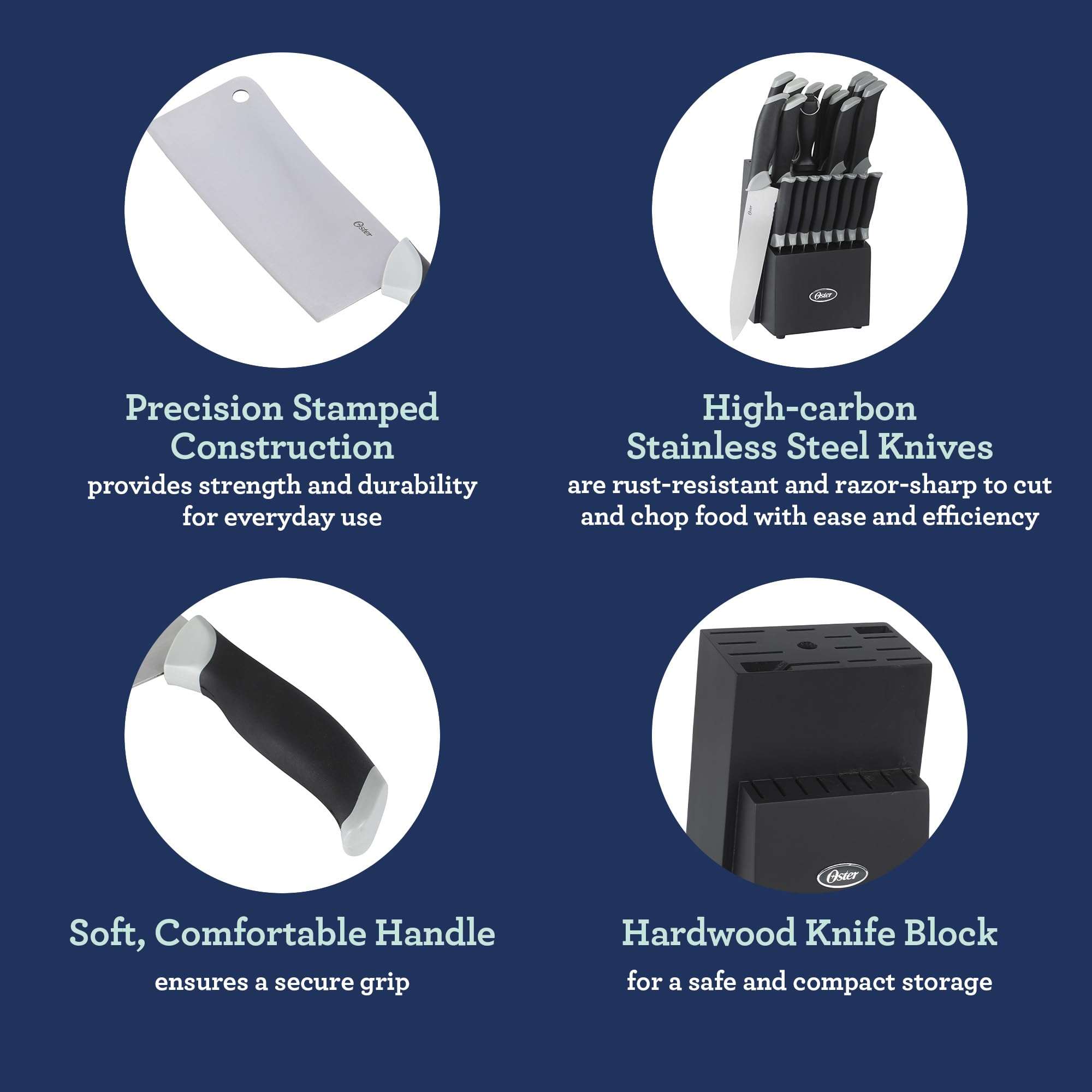 Oster Lindbergh 22 Piece High Carbon Stainless Steel Cutlery Kitchen Knife Block Set w/Black Knife Block - Black Handle - Cuchillos Para Cocina 5