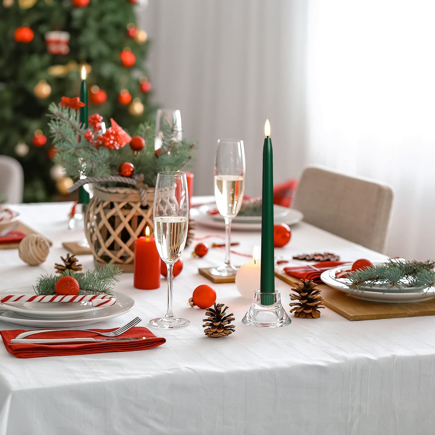 Stmarry Green Flameless Taper Candles with Remote Control - 11 Inch LED Candlesticks Battery Operated, Realistic 3D Flame with Wick, Timer, Christmas Decor - Set of 6 3