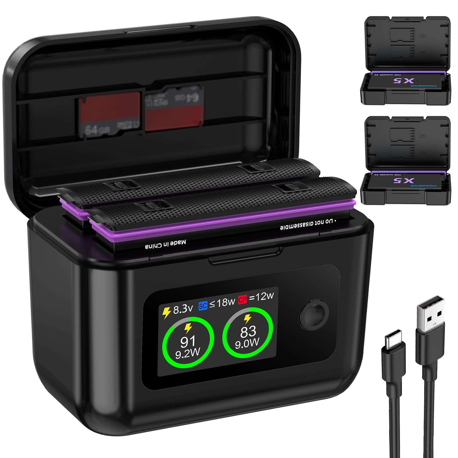 POEOSAS Insta 360 X5 Battery 2-Pack with LCD Charger, 2850mAh X5 Batteries and Intelligent Two Way Charger Hub for Insta360 X5 1