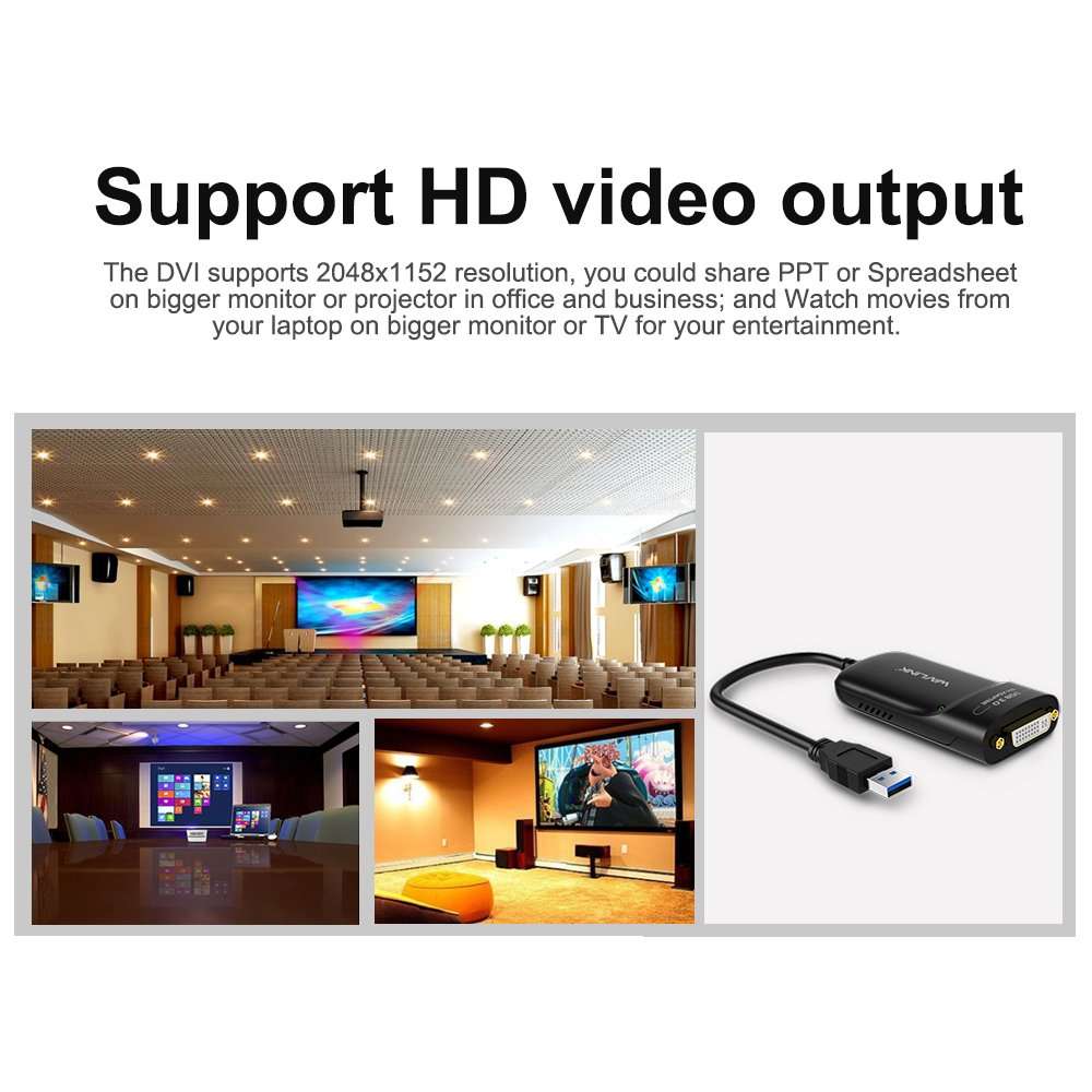 WAVLINK USB 3.0 to DVI External Video Card/Video Graphic Display Adapter with Audio Port Supports 2048 × 1152 Resolution for Multiple Monitors Widows and Mac 6