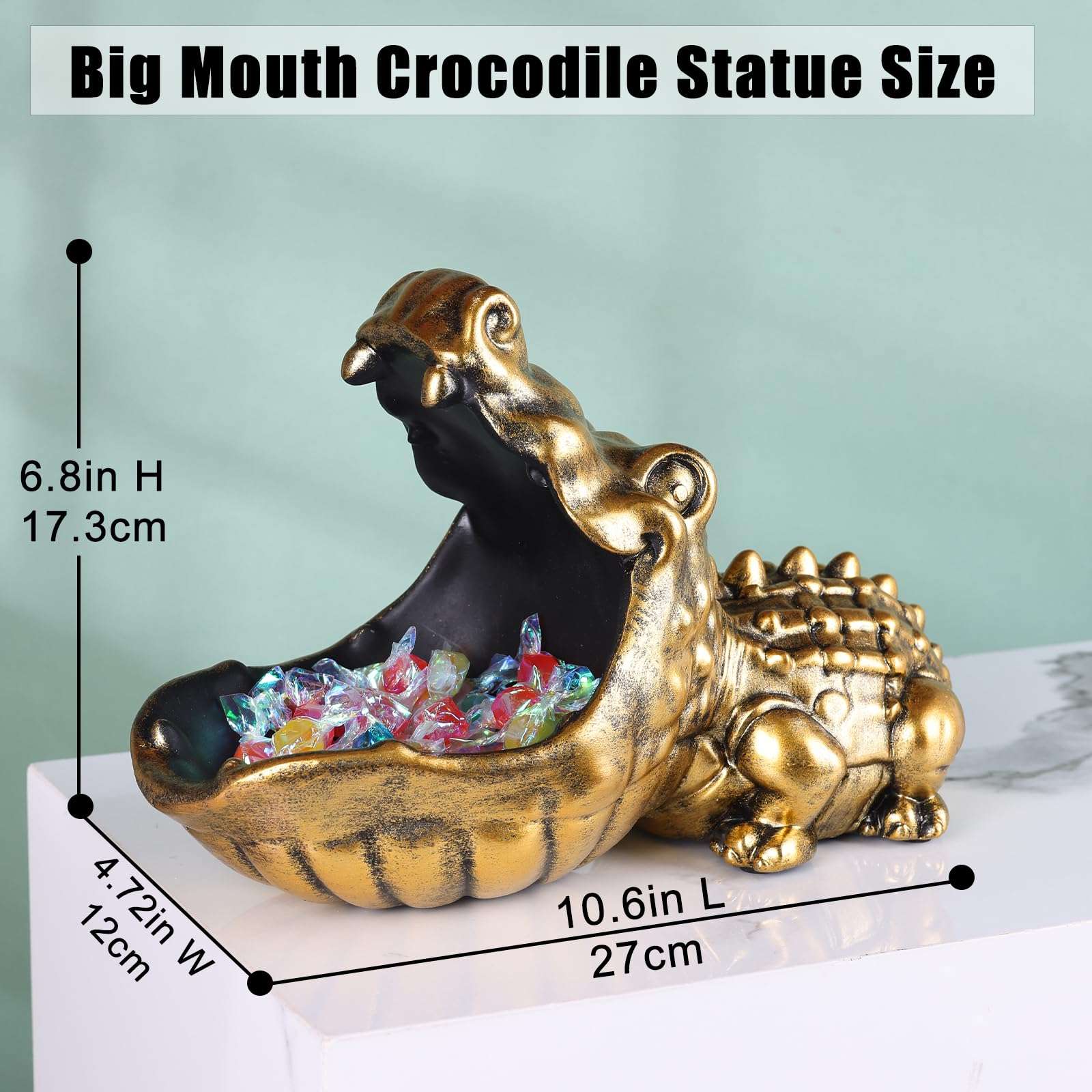 oliruim Alligator Statue Key Bowl, Fun Animal Statue Candy Dish for Entryway Decorative Bowl, Office Candy Dish, Big Mouth Sculpture Home Living Room Trinket Container Storage Box (Gold) 4
