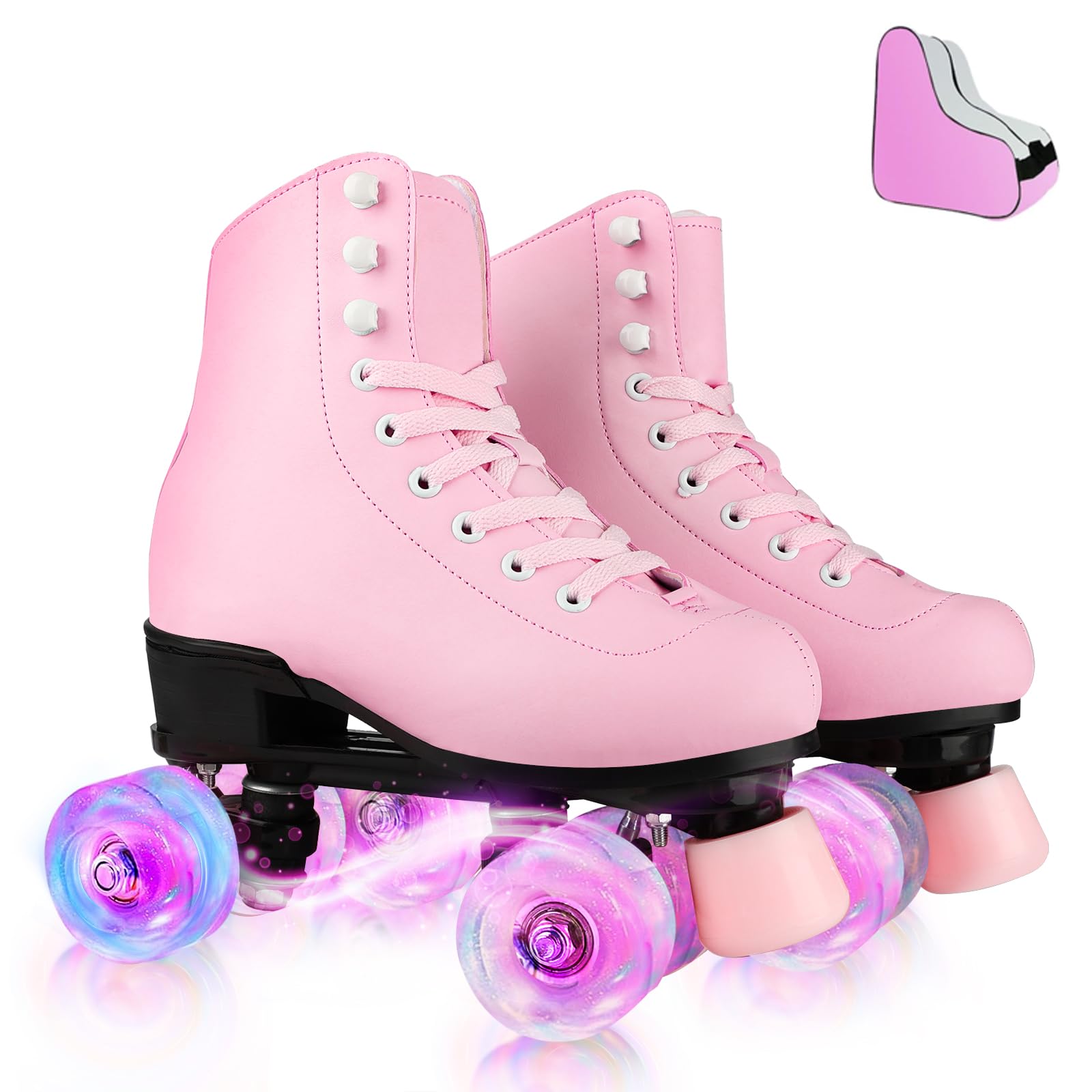 LEVYTEMP Roller Skates for Women, Men Light-Up Wheels Double-Row Rollerskates High-Top PU Leather Classic Designs Pink Skate Shoes for Girls Beginners with a Shoes Bag Size 8 Indoor Outdoor