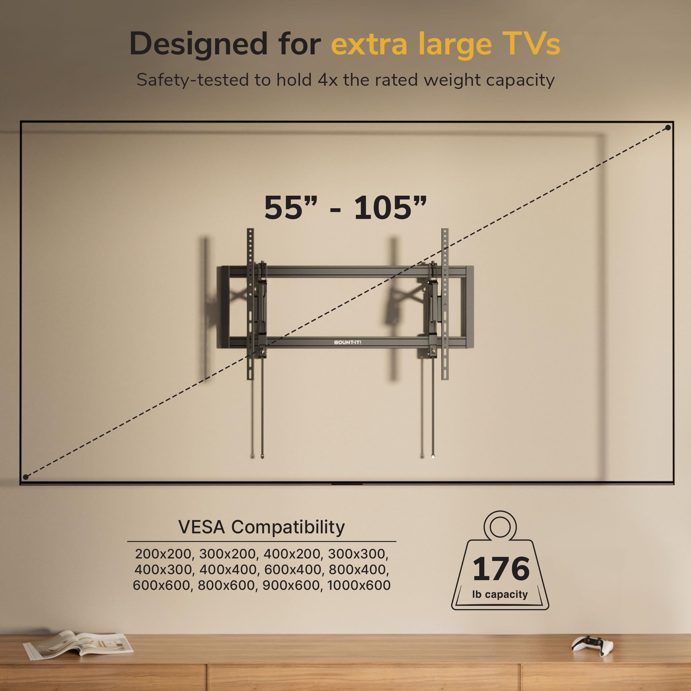 Mount-It! Advanced Extendable Tilt TV Wall Mount for 55–105 Inch TVs, Low Profile 2.1” Heavy-Duty Bracket with 6.8” Extension, Tilt & Swivel, Universal VESA up to 1000×600 mm, Fits 16/24/32” Studs 3