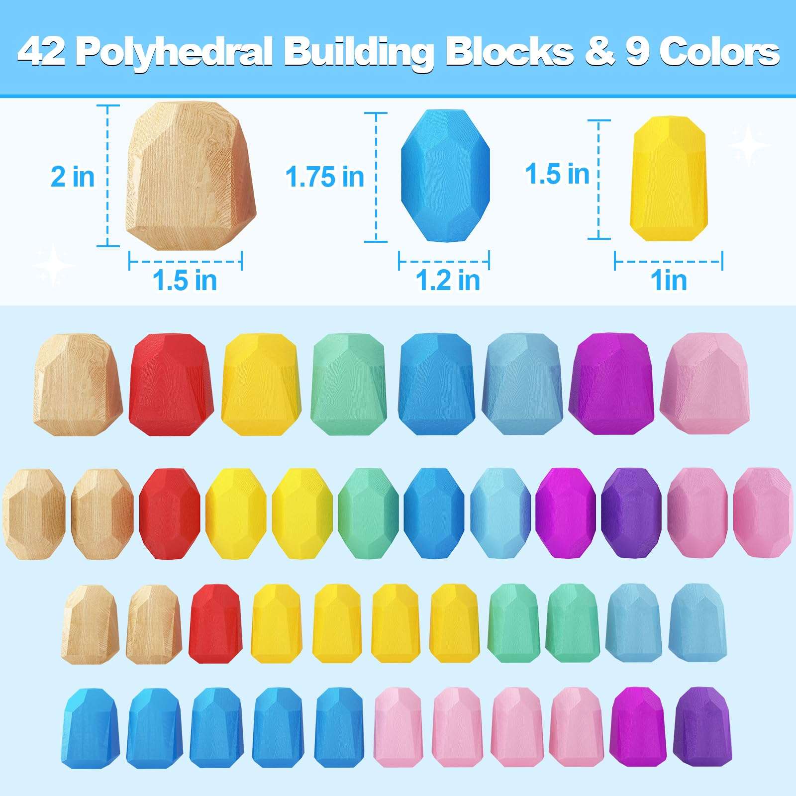 IGIVI Rainbow Wooden Stacking Rock Set - 42 Natural Wood Montessori Sensory Stacking Blocks - Early Learning Toy for Toddlers - Montessori Gifts for 1 2 3 Year Olds 6
