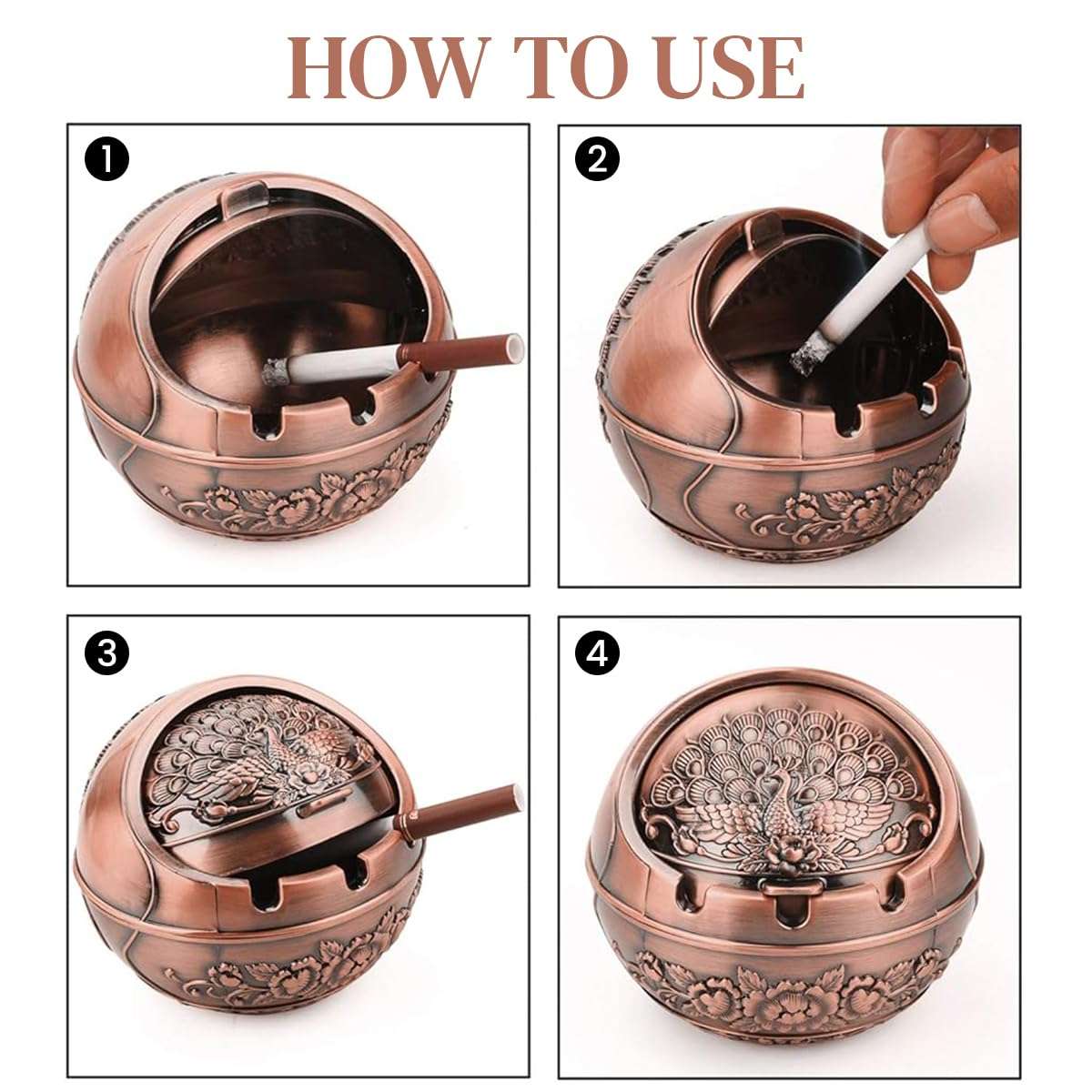 HASTHIP® Peacock Ashtray Retro Zinc Alloy Ashtray with Closing Lid Decorative Embossing Peacock Ashtry with 3 Cigarette Holder Grooves Home Gift Car Ashtry, 10x10x9cm 5