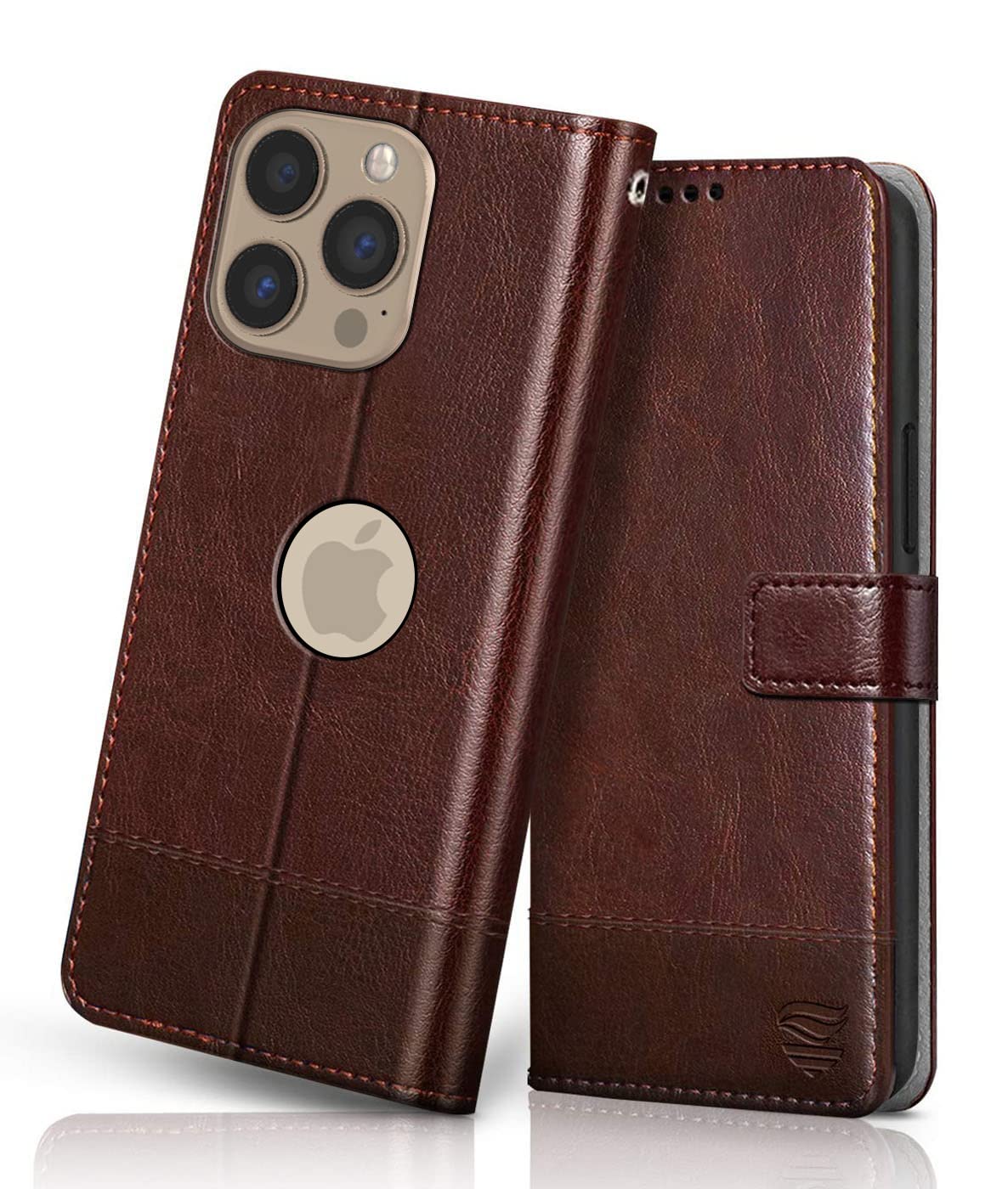 FLIPPED Vegan Leather Flip Case Back Cover for Apple iPhone 13 Pro Max (Flexible, Shock Proof | Hand Stitched Leather Finish | Card Pockets Wallet & Stand | Tan with Brown)