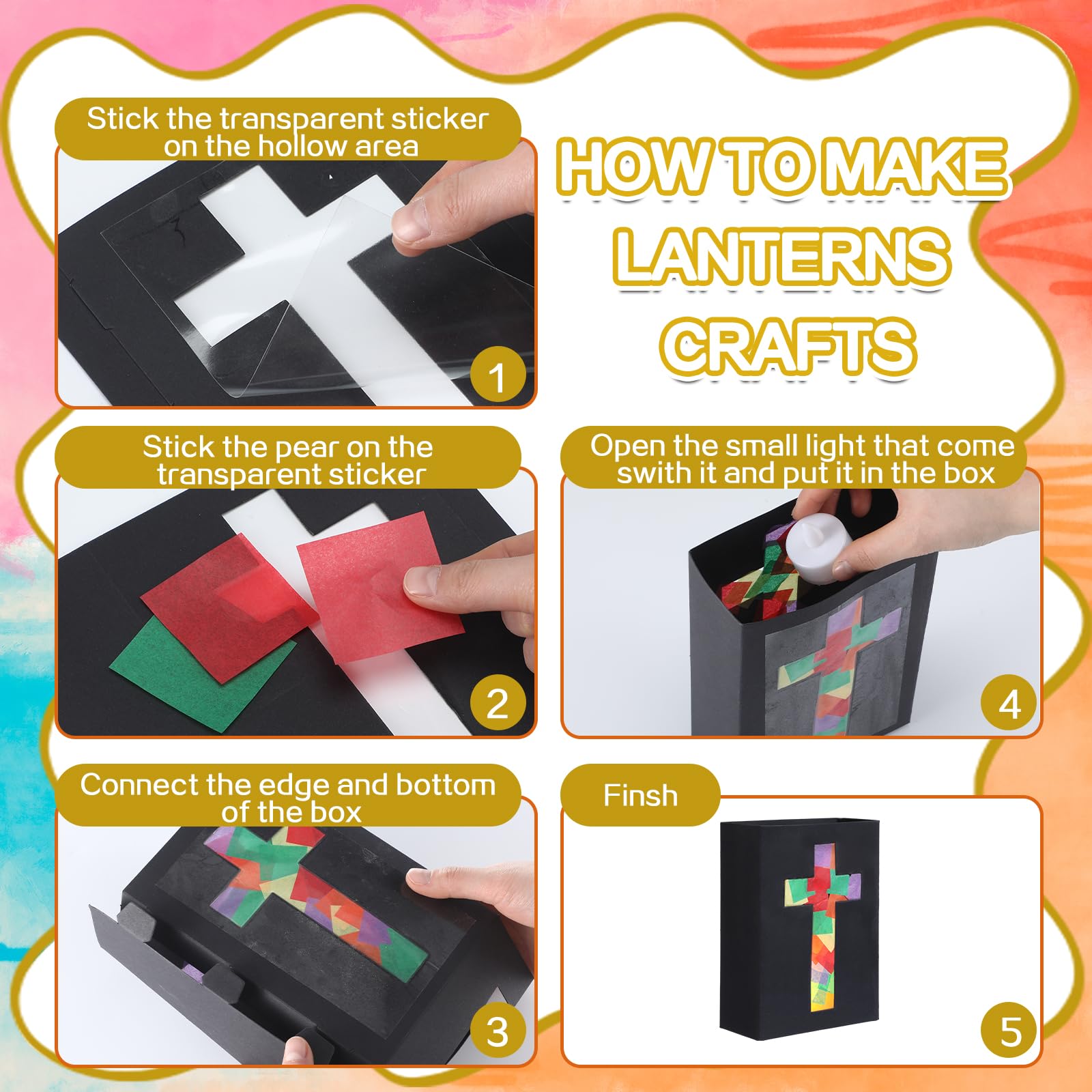 Resurhang 16 Set 2026 VBS Cross Lantern Craft Kit DIY Illumination Theme Faux Stained Glass Paper Lanterns with LED Candle Lights Religious Easter Make Your Own Craft Bulk for Church Vacation Holiday 4