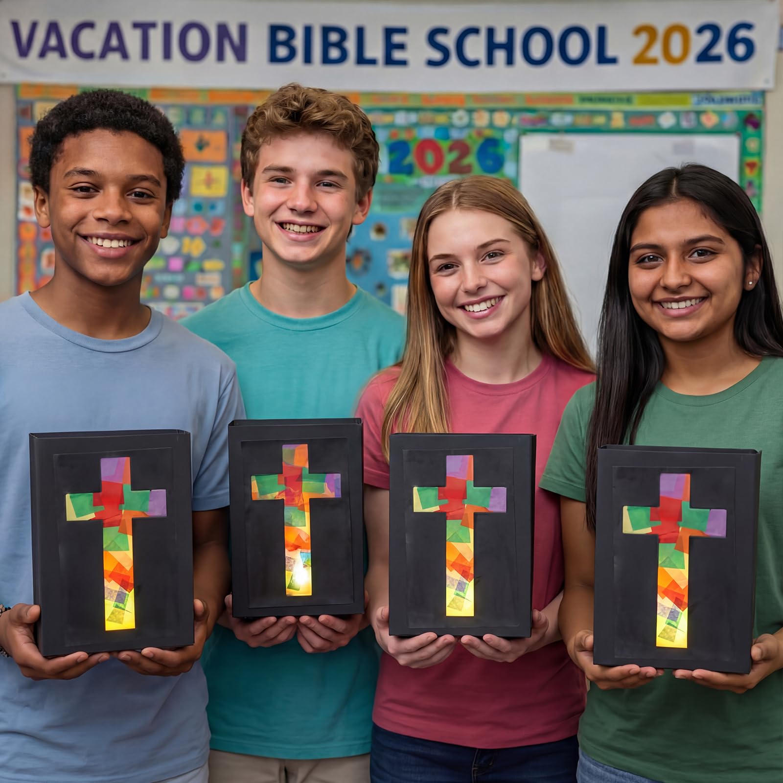 Resurhang 16 Set 2026 VBS Cross Lantern Craft Kit DIY Illumination Theme Faux Stained Glass Paper Lanterns with LED Candle Lights Religious Easter Make Your Own Craft Bulk for Church Vacation Holiday 6