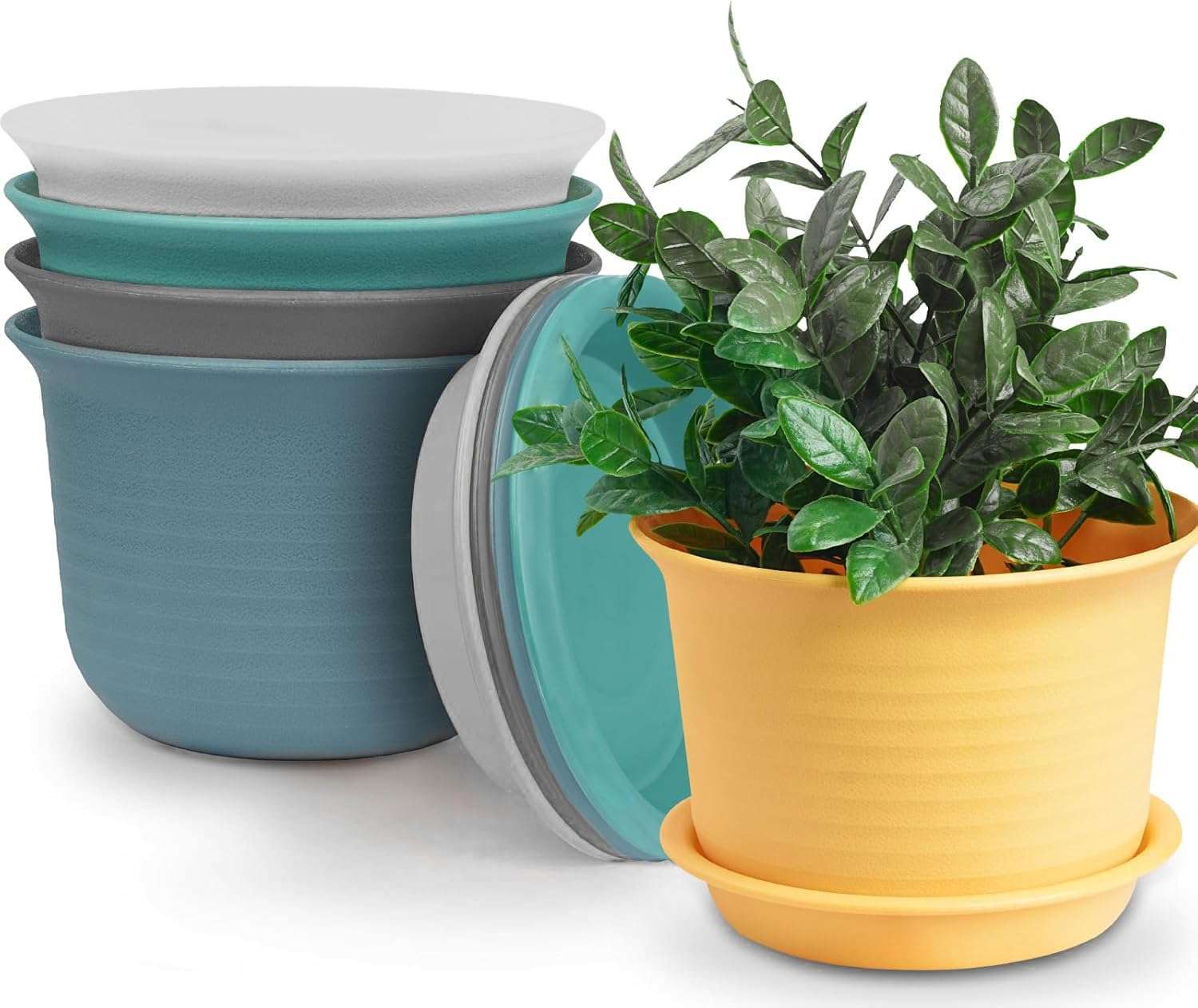 INKULTURE Plastic Round Flower Pots with Tray for Home Planters, Terrace, Garden Etc | Pack of 05 | Multicolor | Size 8 Inch | for Home Indoor & Outdoor Gardening Plants 1