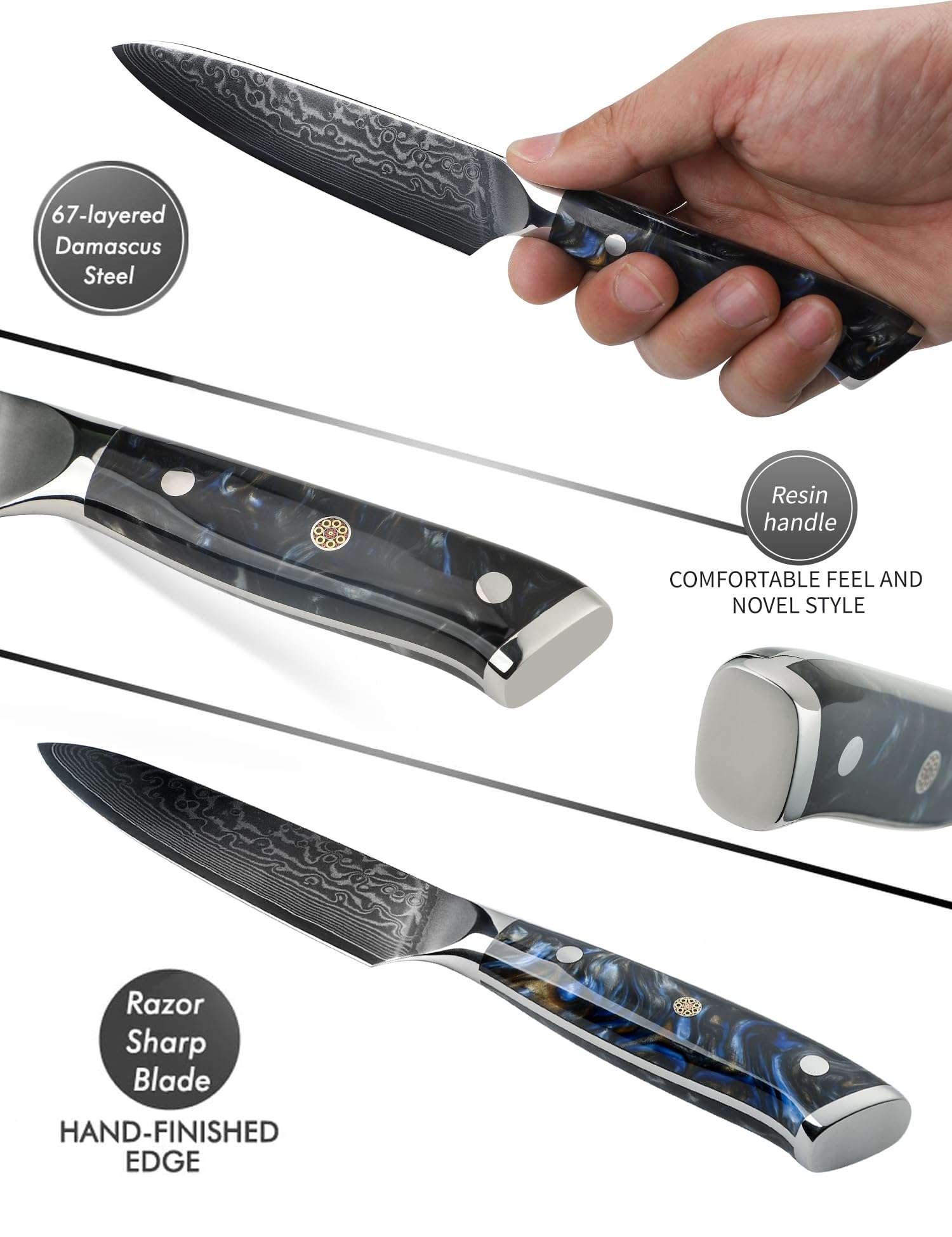 SANMUZUO 5 Inch Kitchen Utility Knife - Xuan Series Kitchen Knives - VG10 Damascus Steel with Resin Handle (Starry Black) 3