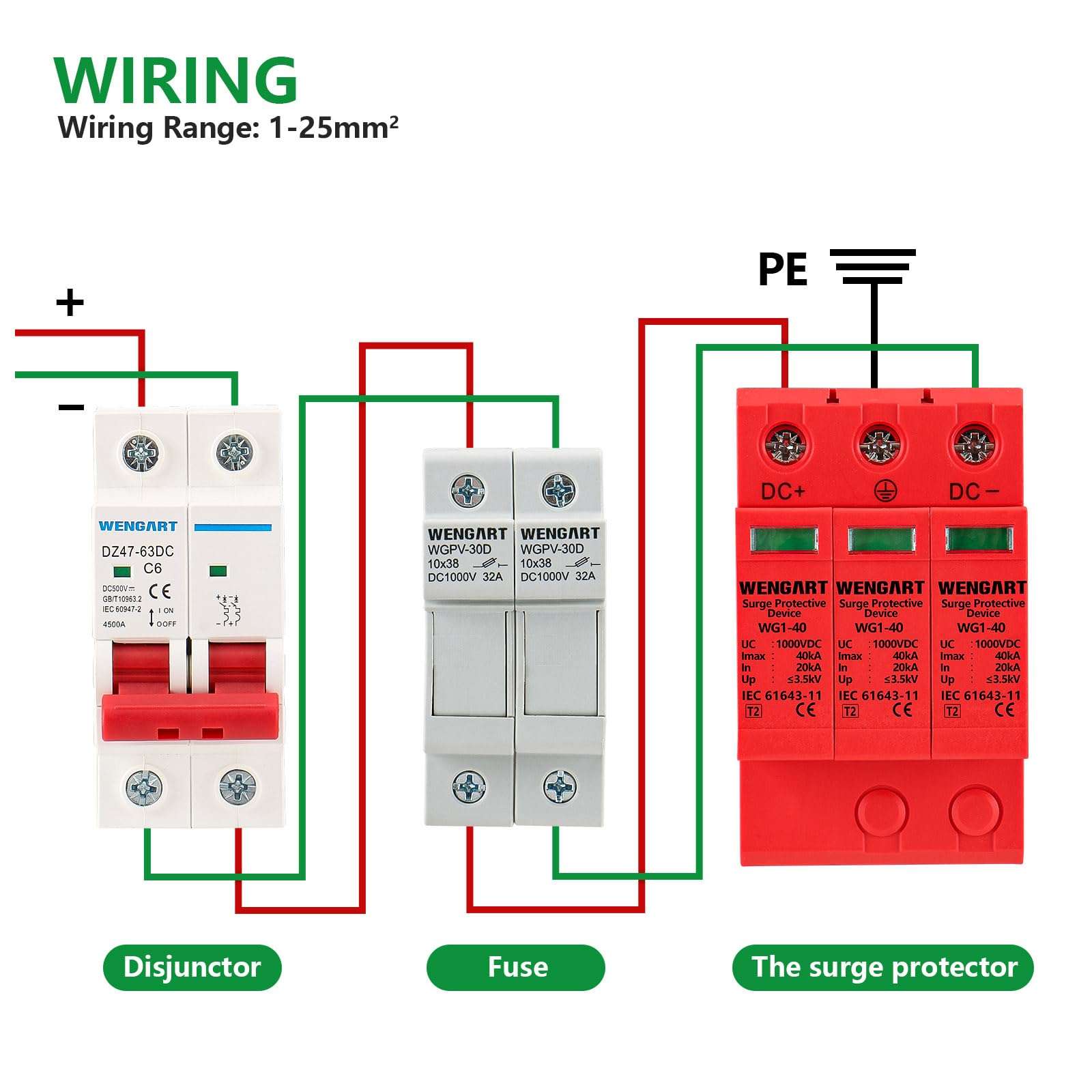Wengart Surge Protective Arrester Device,DC1000V 3P 20~40kA 36mm DIN Rail Mount,Low Voltage Arrester Device for Lightning Protection Power Distribution and Control Appliances 4