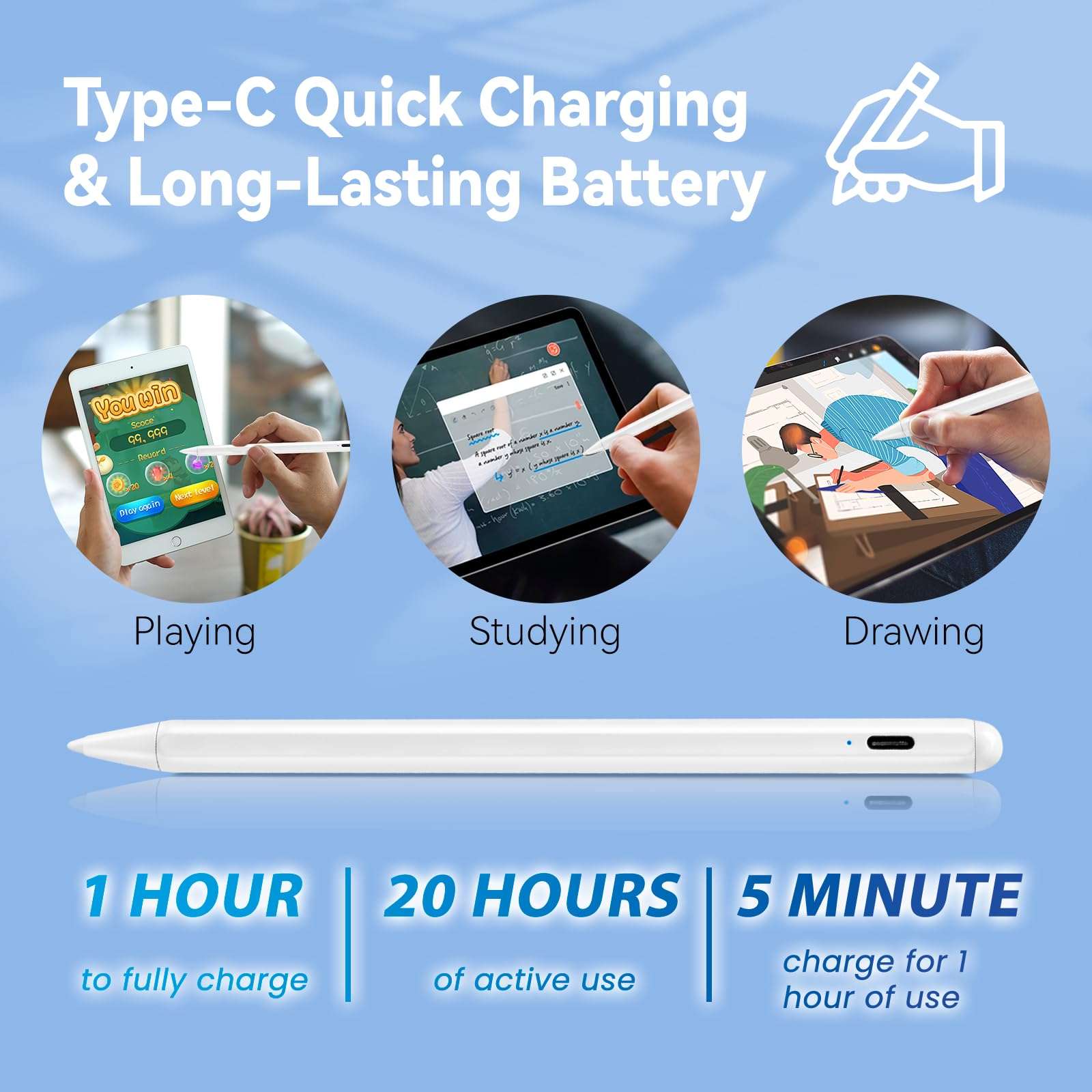 iPad Pro 11" Stylus Pencil,1.5mm Replaceable Pom Palm Rejection Tip Active Pen Compatible with Apple Magnetic Pencil for iPad Pro 11 Inch Stylus on Drawing Writing Sketching White 4