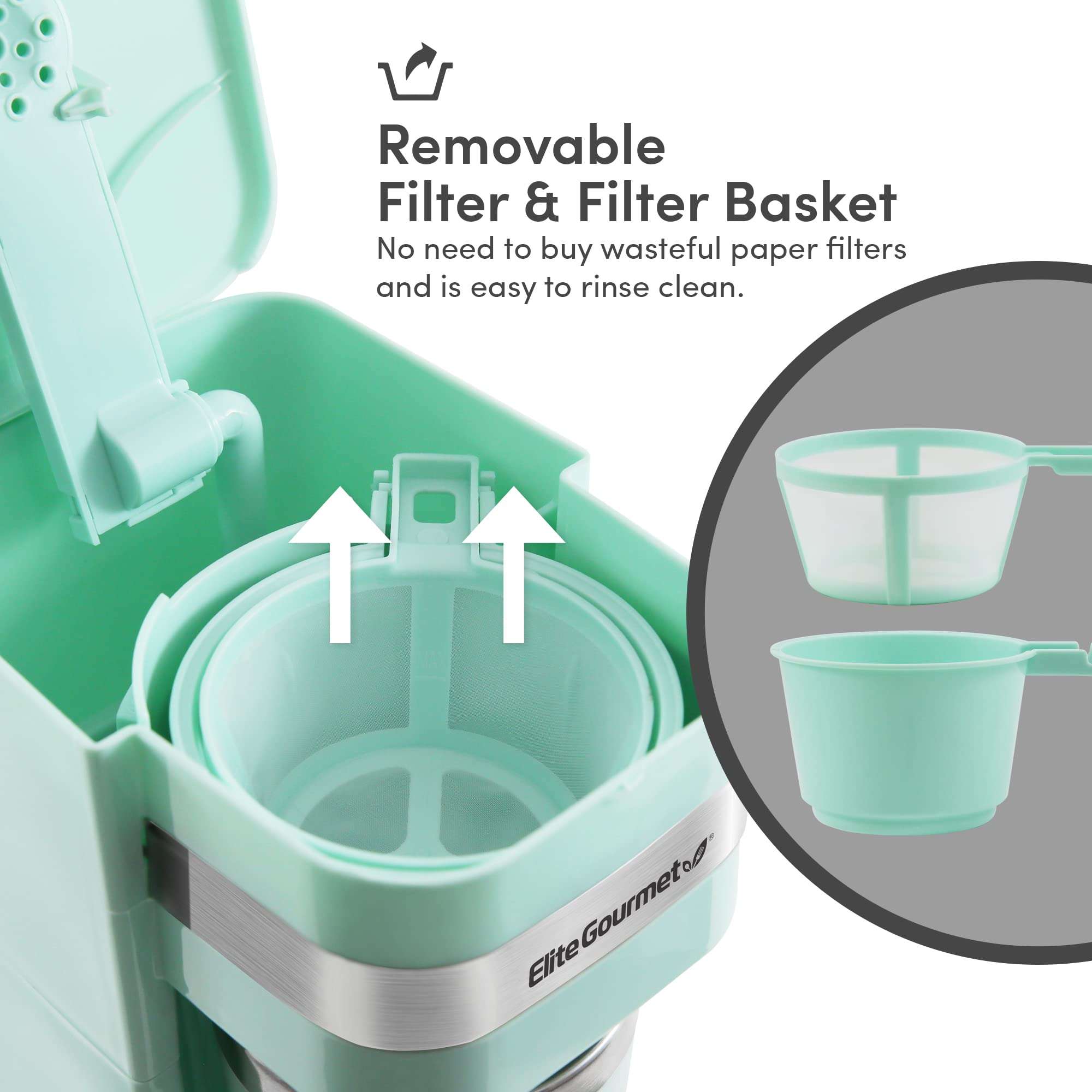 Elite Gourmet Personal Single-Serve Coffee Makers with 14Oz Stainless Steel Travel Mugs, Compatible with Coffee Grounds, Reusable Filters, Mint and Black 5