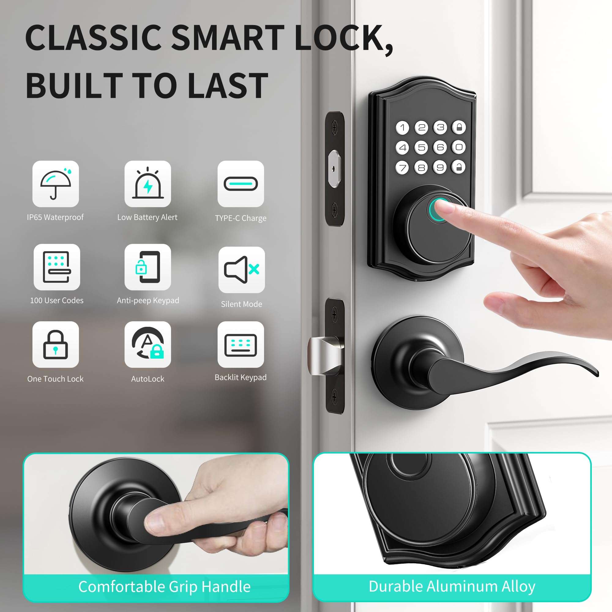 Keyless Entry Door Lock Deadbolt with Handle Set,Fingerprint Smart Locks for Front Door,Backlit Digital Keypad Deadbolt with 2 Keys - Auto Locking - Easy Installation-Left/Right Doors (Matte Black) 3