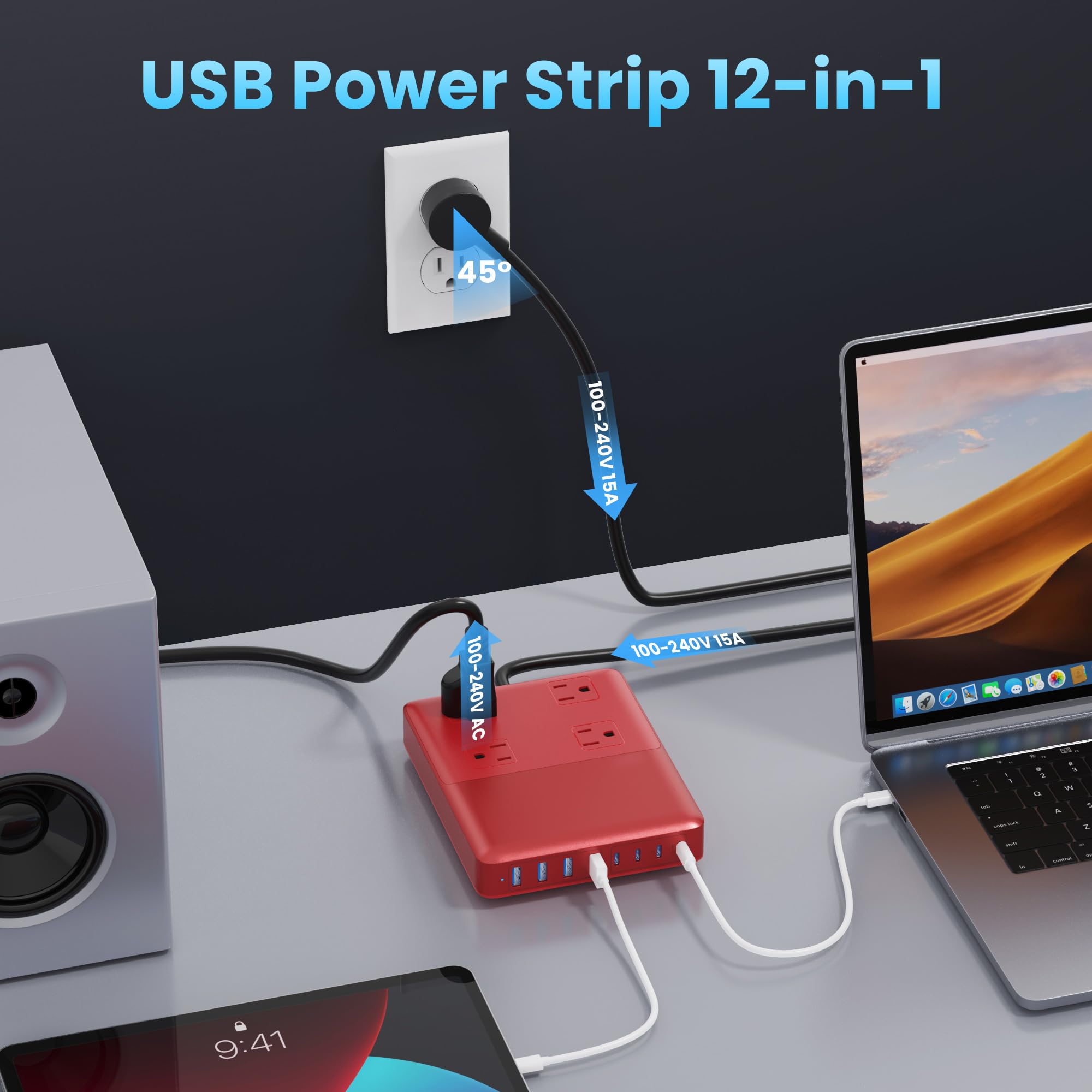 12-in-1 Charging Station USB C Power Strip with 5ft Cord,105W GaN IV USB C Charger Block,4 AC Outlets,4 USB-A,4 USB-C for MacBook,iPhone 16/15/14,Fast Charging Desktop Charger for Office,Home (Red) 4