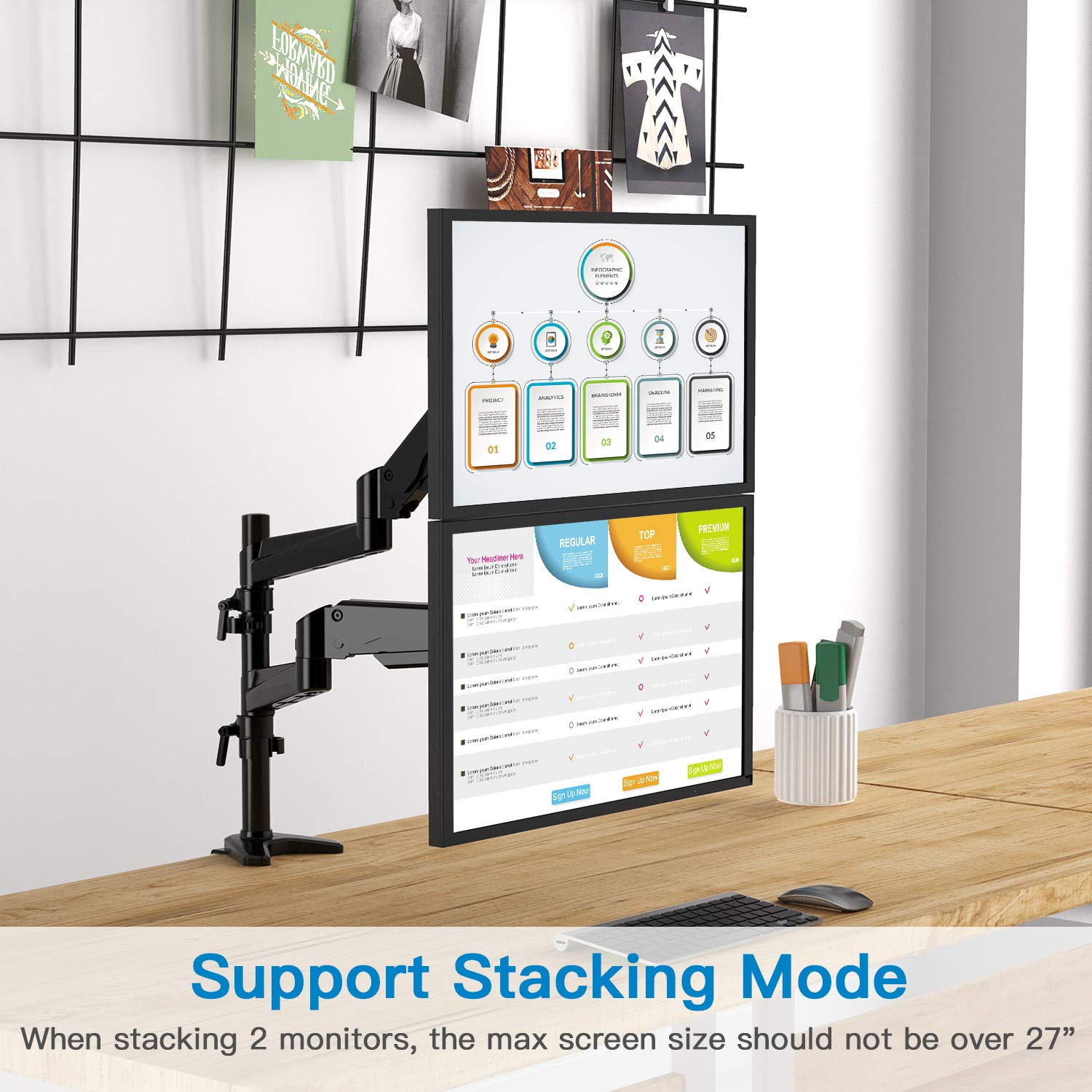 HUANUO Dual Monitor Mount Stand - Aluminum Gas Spring Arm Height Adjustable Monitor Desk Mount VESA Bracket for Two 17 to 32 Inch Flat / Curved LCD Computer Screens with C Clamp, Grommet Base, Black 3