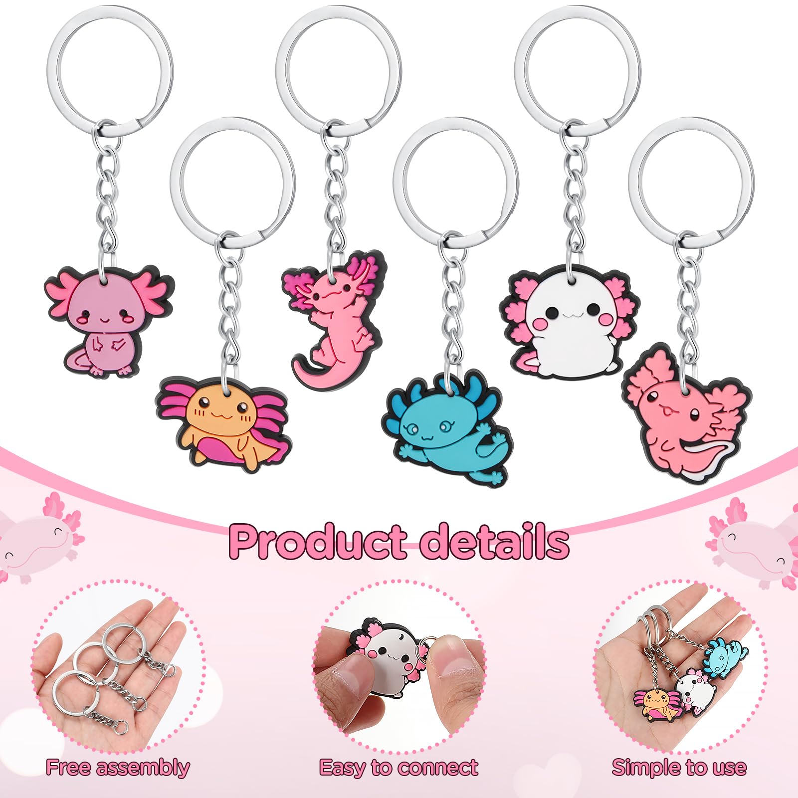 Neptniopllab Axolotl Keychain Pack, 24 Pieces Acrylic 3D Axolotl Birthday Decorations with D-ring Clips Axolotl Charms Pendant Accessories for Women Kids Boy Girl Christmas Birthday Gift 5