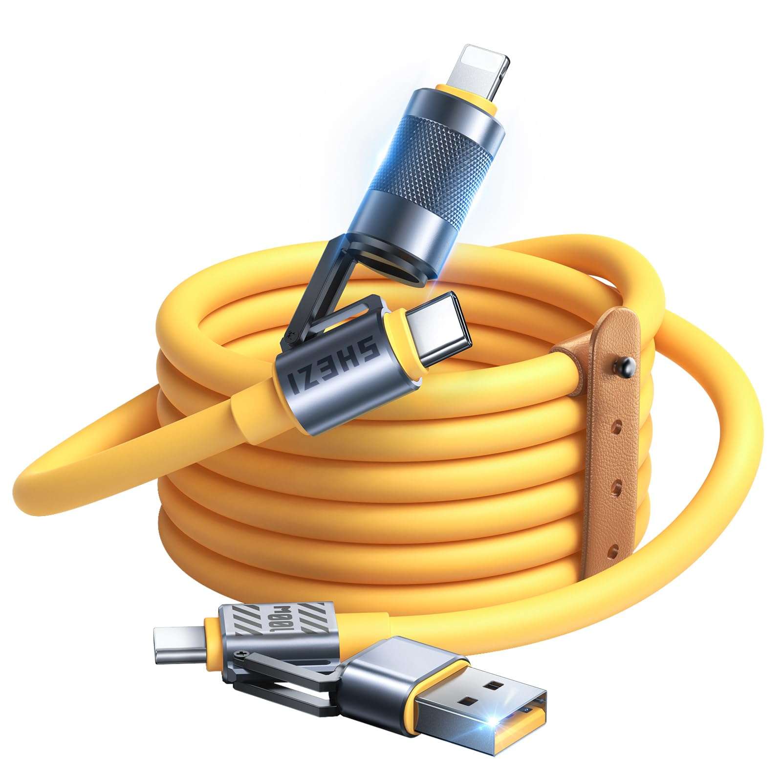 Vexipia Newly Upgrade 100W 5FT USB C Cable, 4-in-1 USB C Lightning Cable [480Mbps Data Sync] iPhone iPad Charger Cord, Multi Charging Cable for iPhone 16/Pro/Plus/Pro Max,5ft Yellow (SHEZI Series) 1