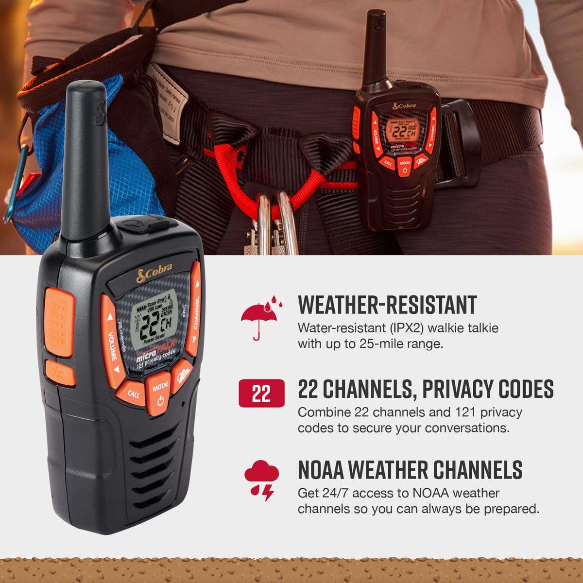Cobra ACXT345 Weather-Resistant Walkie Talkies - Rechargeable, 22 Channels, Long Range 25-Mile Two-Way Radio Set (2-Pack) 3