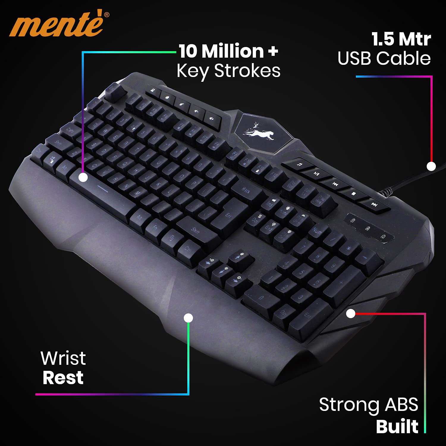 Mente Ergonomic RGB Colorful LED Backlight Gaming Keyboard with 10 Dedicated Multimedia Keys (Black) 4