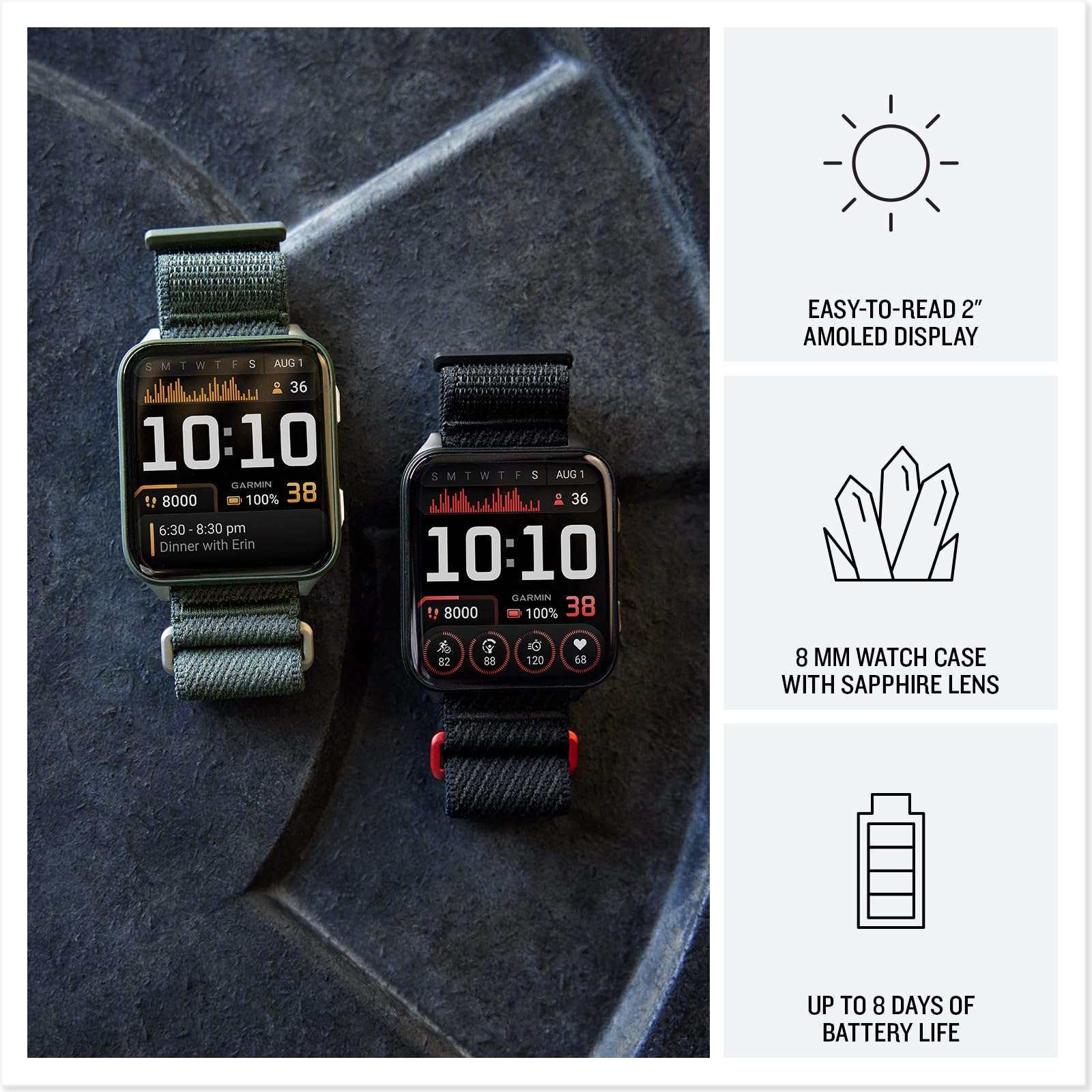 Garmin® Venu® X1, Thin and Lightweight GPS Smartwatch, AMOLED Display, Advanced Health and Fitness Features, Moss with Titanium Caseback and Moss ComfortFit Nylon Band 4