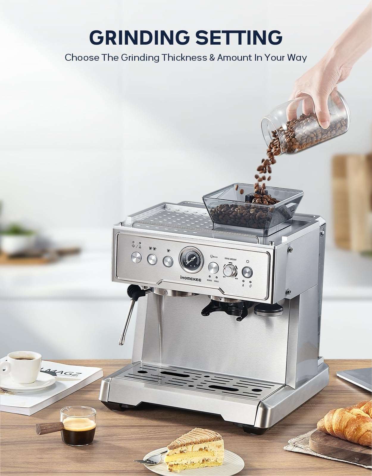 Ihomekee Espresso Coffee Maker With Grinder, 20 Bar Semi-Automatic Espresso Machine With Milk Frother Steam Wand, Professional Cappuccino Latte Machine For Home, Office, Brushed Stainless Steel 3