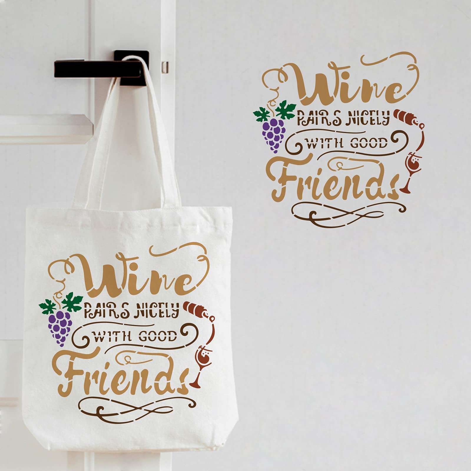 FINGERINSPIRE Wine Pairs Nicely with Good Friends Stencil 30x30cm/11.8x11.8inch Plastic Wine Grape Drawing Painting Stencils Square Reusable Stencils for Painting and DIY Projects 5