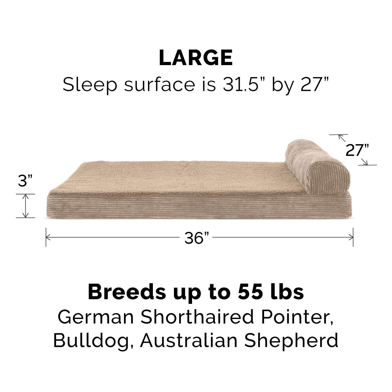 Furhaven Pet 43405063 Large Faux Fleece & Corduroy Chaise Lounge Orthopedic Sofa Pet Bed, Sandstone 2