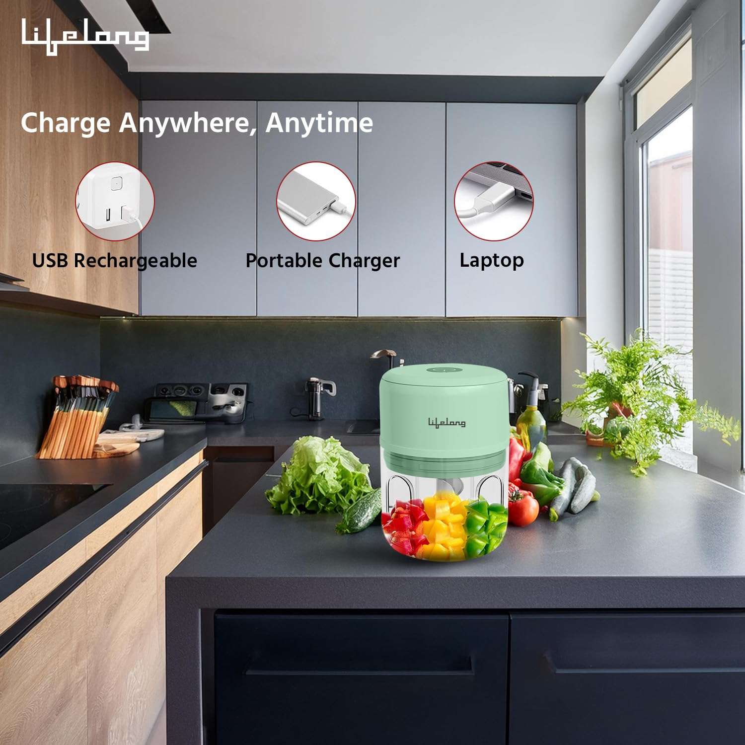 Lifelong USB Rechargeable Wireless Electric Chopper for Kitchen 30 Watts with Stainless Steel Blades for Onion, Garlic, Vegetables, Nuts - 250 ml (Green) 4