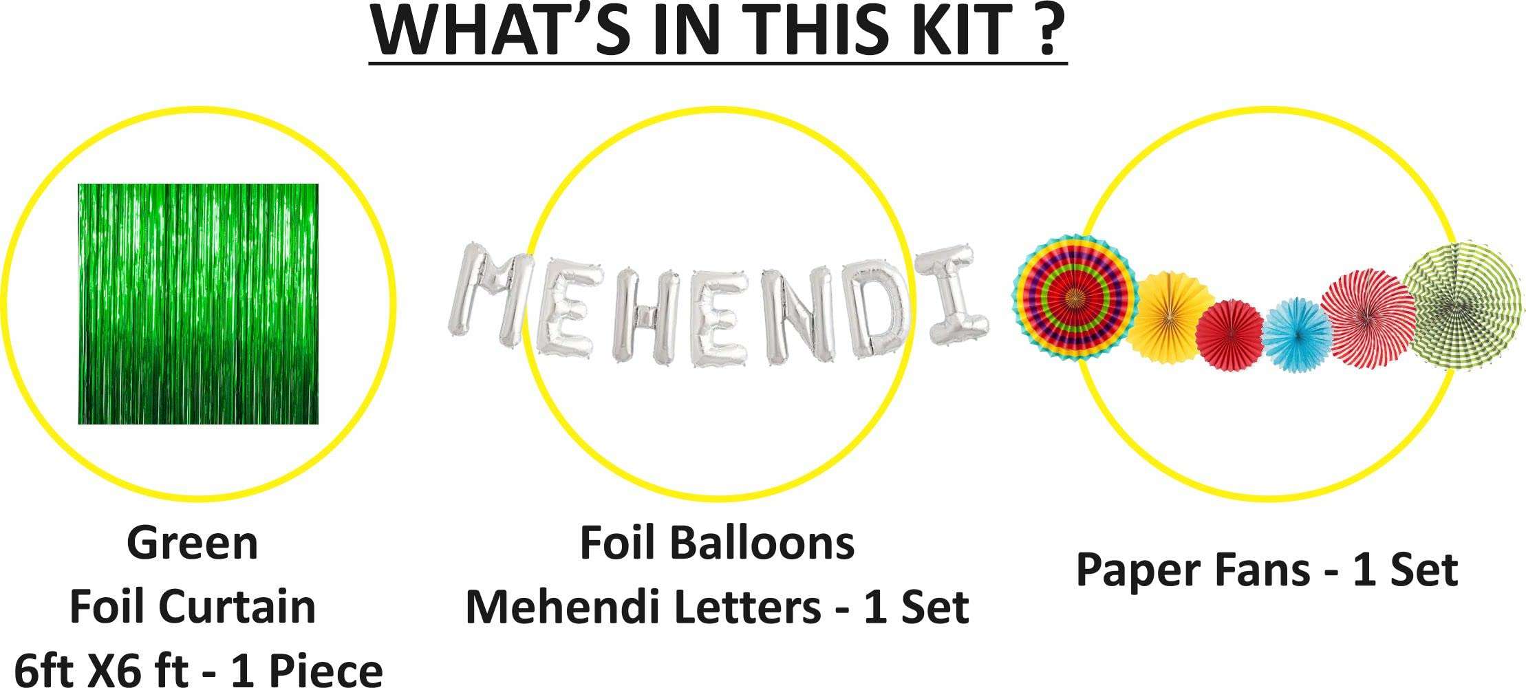 Untumble Mehendi Ceremony Decoration Kit | Mehendi Decoration Items for Home With 6x6 feet Dark Green Foil Curtain, 6 Multicolor Paperfans & "M" "E" "H" "E" "N" "D" "I" Foil Balloons | Pack of 14 3