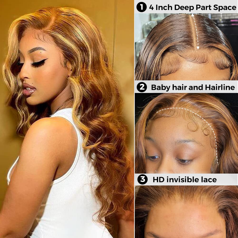 Honey Blonde Ombre Lace Front Wig Human Hair 180% Density 13x4 HD 4/27 Highlight Lace Frontal Wigs Pre Plucked with Baby Hair Bleached Knots Body Wave Lace Front Wigs Human Hair Colored 20 Inch 4