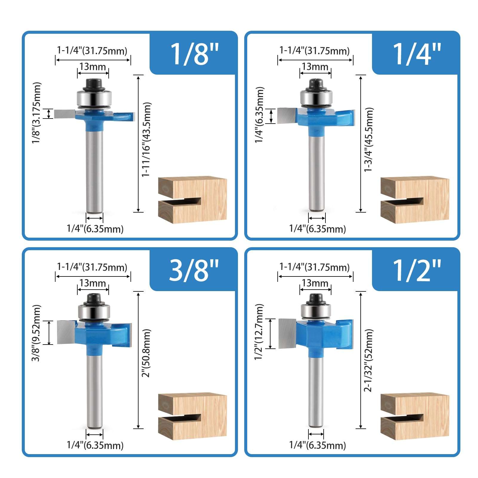 Downcut Bit 1/8" Shank,1/4 Inch Shank Rabbet Router Bits, Roundove Router Bit Set 1/4 Shank 6