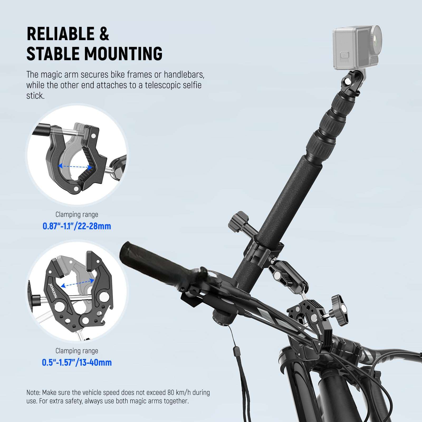 NEEWER Motorcycle Camera Mount Kit, Bicycle Handlebar Invisible Selfie Stick, 360° Ball Heads, Super Clamps & Cleaning Cloth, Compatible with GoPro Insta360 DJI AKASO Action Cam Video Recording, GP-30 6