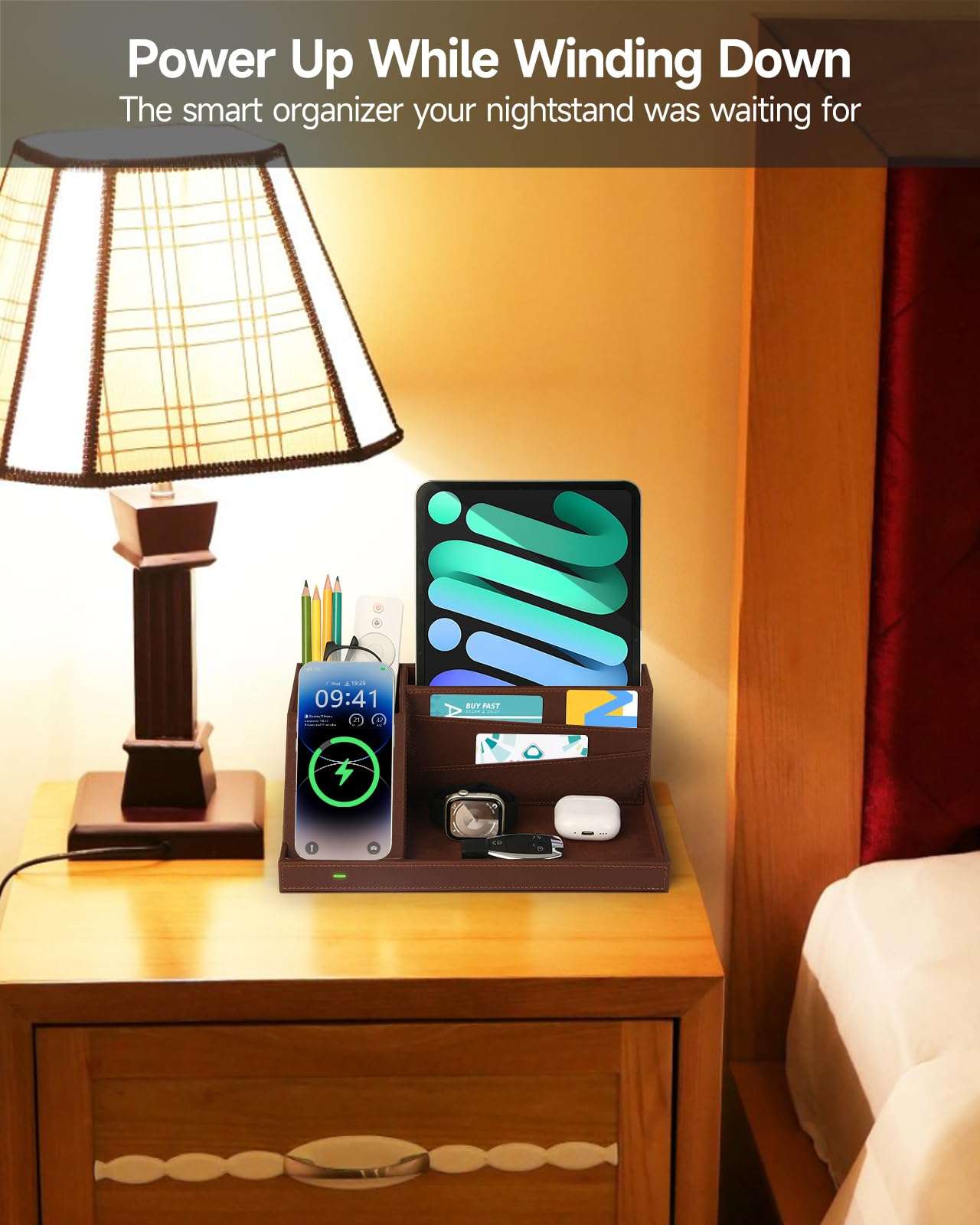 Fast Wireless Charging Station with Desk Organizer for iPhone 17/16/15/15 Pro/14/14 Pro Max/14 Pro/14 Plus/13/13 Pro Max/13 Pro/and iPhone 12/11 Series, Nightstand Desktop Organizer, Brown 4