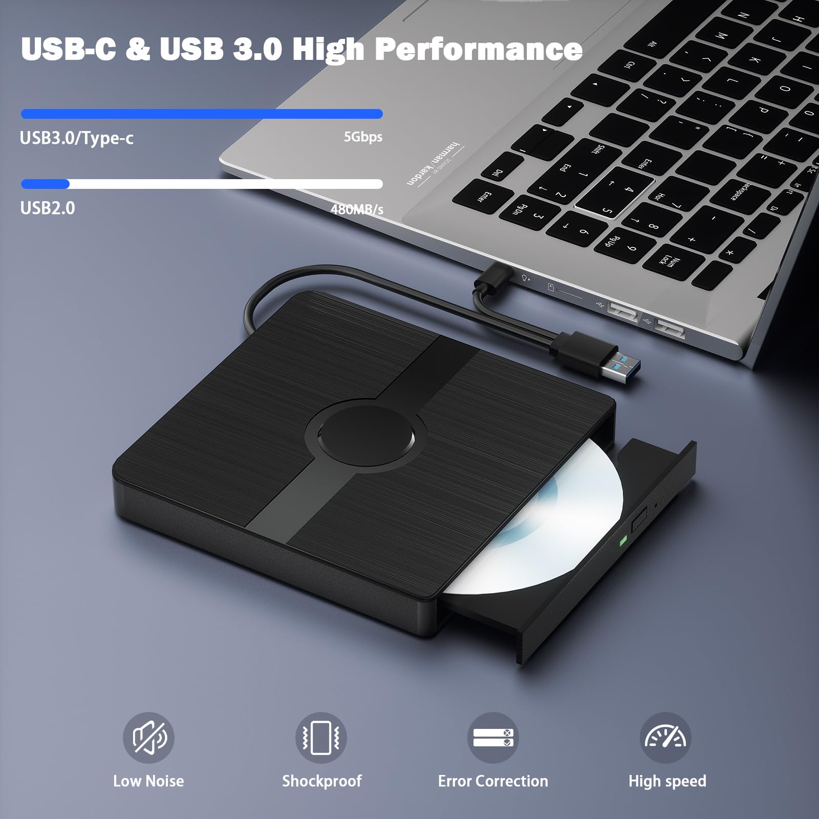 Wbacon External Blu Ray Drive, BD Player with Read/Write Capability Portable Blu-ray Player with USB 3.0 and Type-C CD/DVD Burner 3D Blu-ray Drive (with Charging Cable) 6