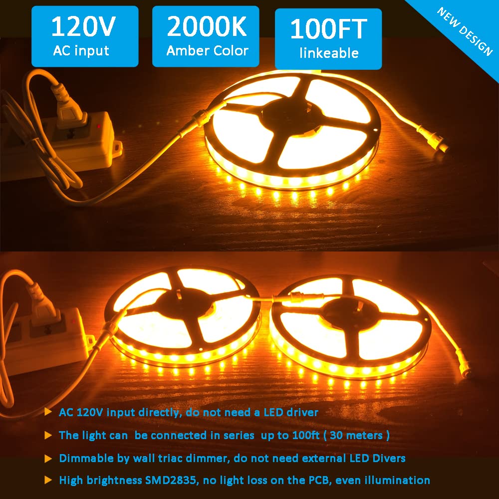 120V Dimmable LED Strip Light 2000K Amber Golden Light Color Hardwire 120 Volt LED String Light No Need LED Driver LED Cabinet Light Cove Flexible Tape Light Waterproof IP65 Accent Light 16.4 feet 2