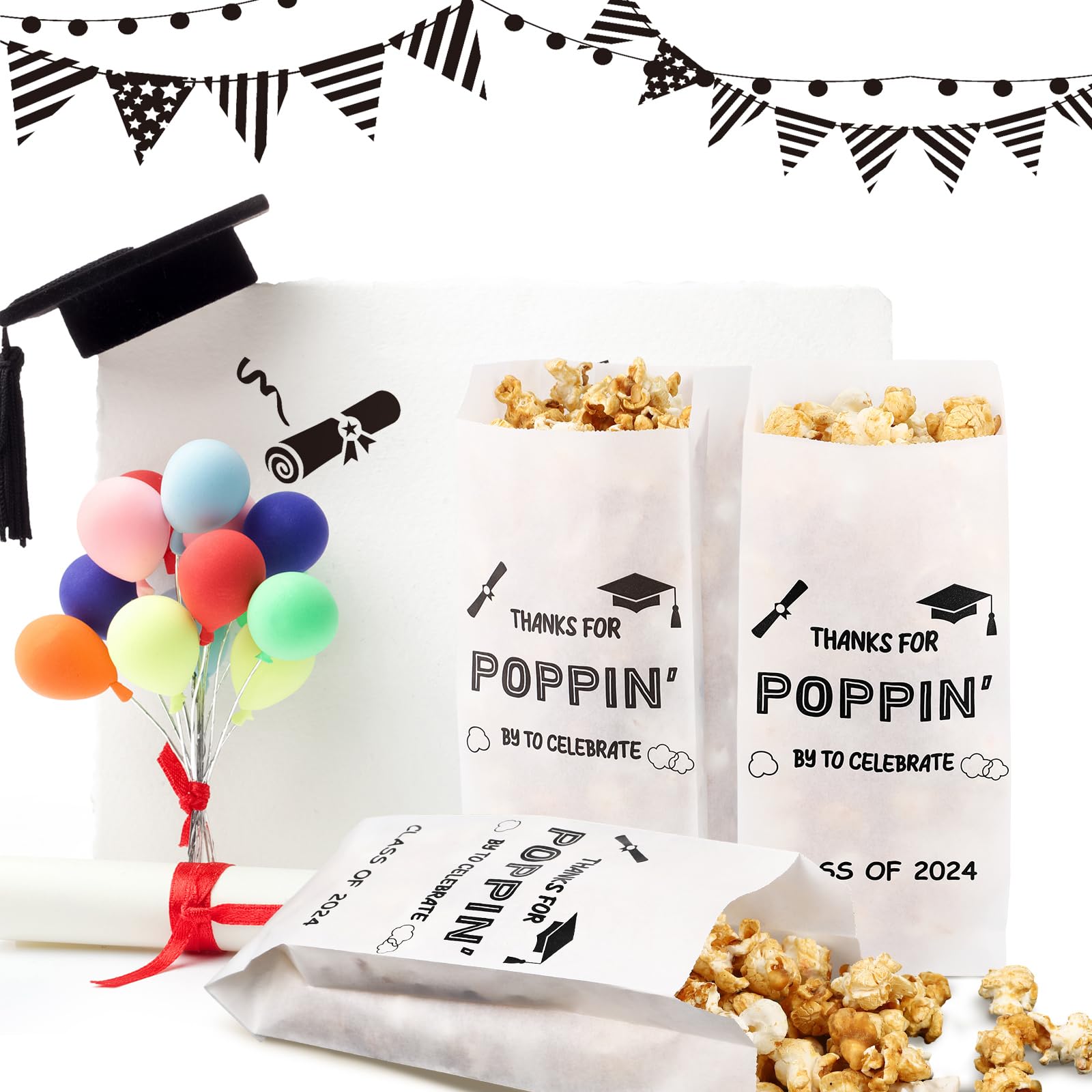 Sunnychicc 200 Pcs Class of 2024 Popcorn Bags Graduation Party Favors Snack Goodie Cookie Bags Grease Resistant Paper Individual Servings for Graduation Party Pop Corn Bag Bulk Graduation Party Favors 4