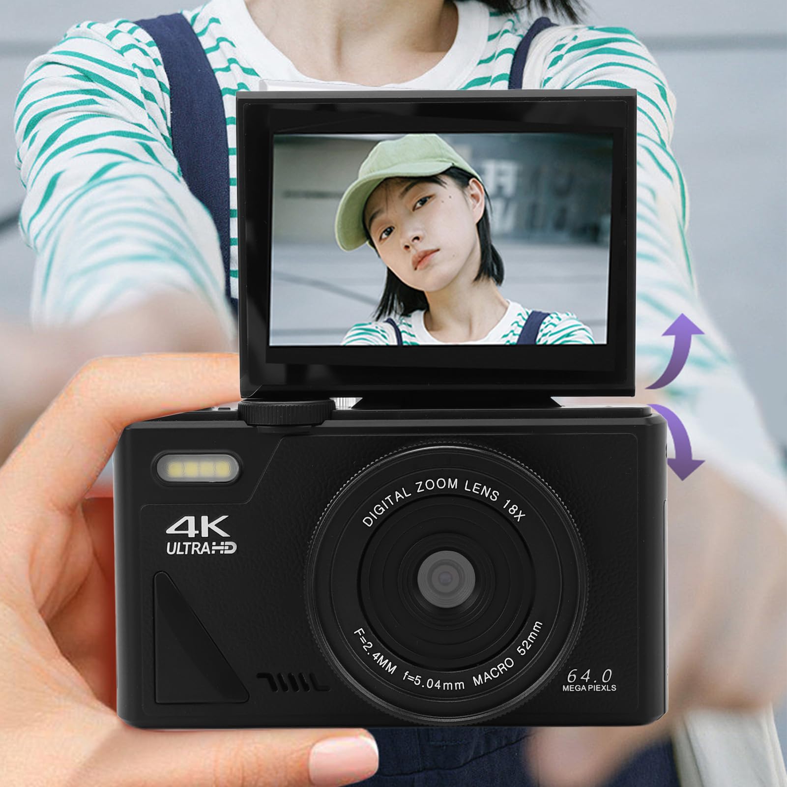 Digital Camera with Flip Screen LCD, UHD 4K 64MP Camera, Digital Point and Shoot Camera with 18X Zoom, Vlogging Camera for Travel Photography Vlogging (Black) 4