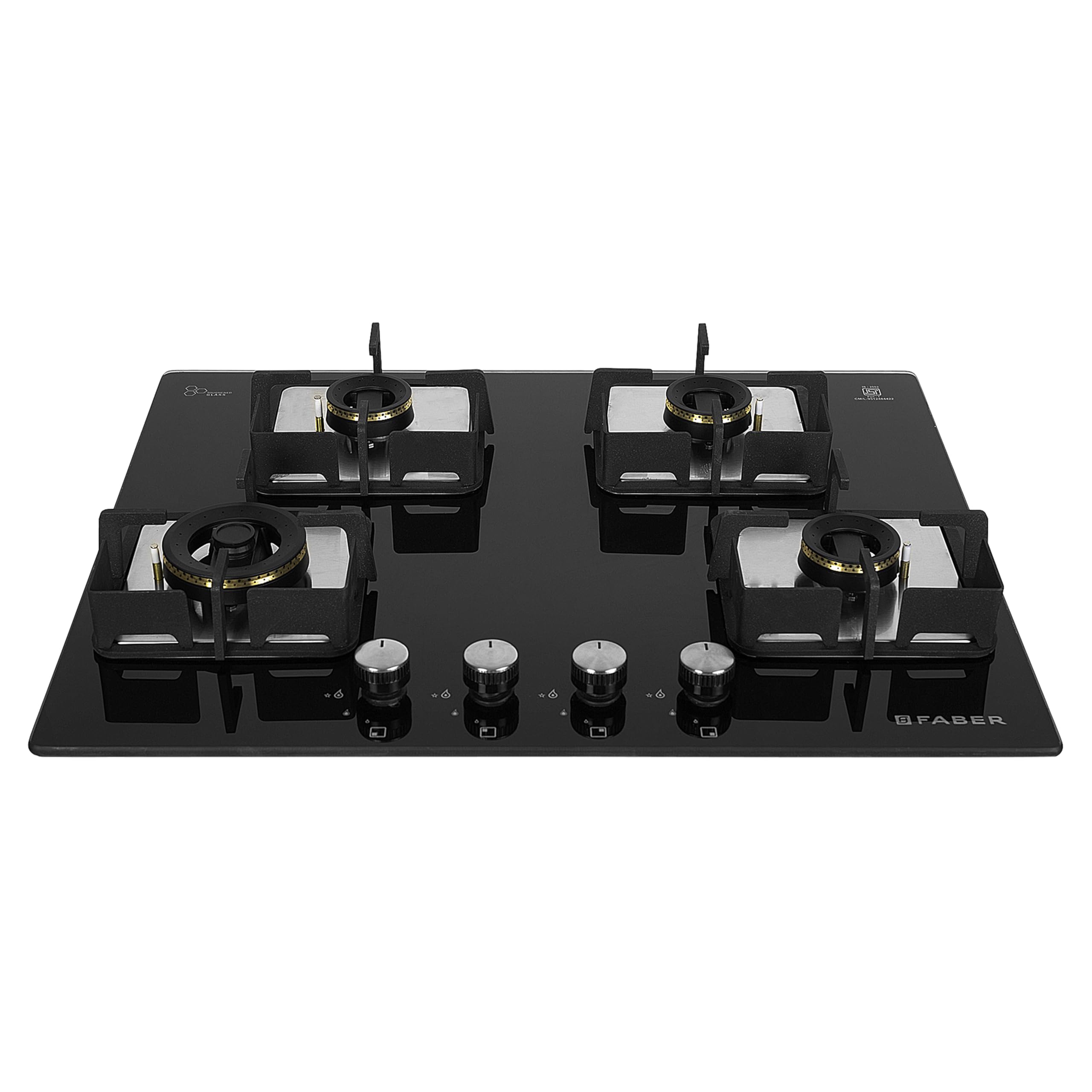 Faber 4 Burner HCT 65 cm Hob| Brass Burners| Bakelite Knobs| Cast Iron Pan Support | Hob/Cooktop Hybrid Toughened Glass |Auto Ignition| 2 Yrs Comprehensive Warranty by Faber| HCT 654 CRR LBK EI AI